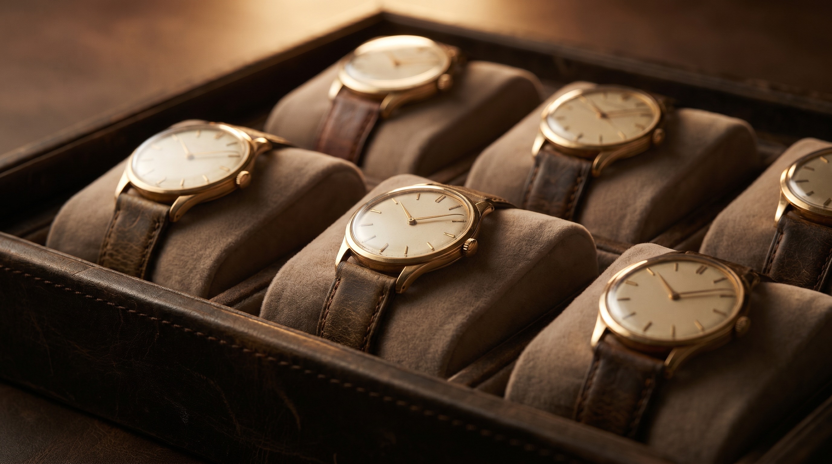 Several vintage gold dress watches resting in a collector's leather watch tray