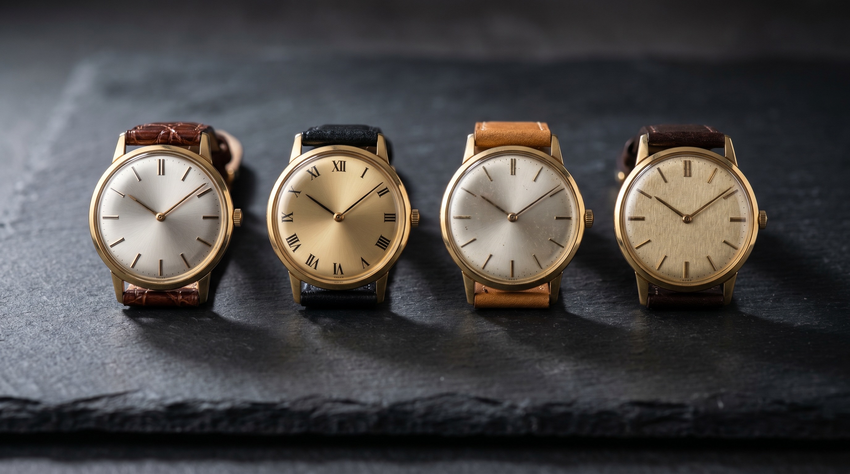 Row of 1950s-60s yellow gold gentlemen's dress watches — Mozeris Fine Antiques
