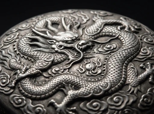 Deeply chased dragon decoration on a piece of Chinese export silver