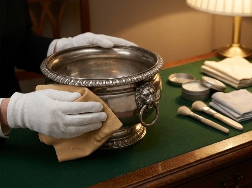 Antique silver pieces being cleaned carefully with a soft cloth