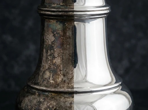 Antique silver showing natural tarnish and darkened patina in recessed areas