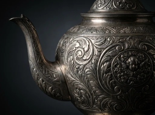 Detail of the embossed decoration and handle on an antique silver teapot
