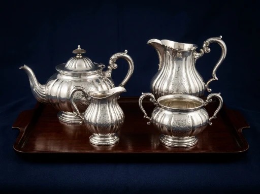 An antique silver tea service with teapot, cream jug and sugar basin on a polished surface
