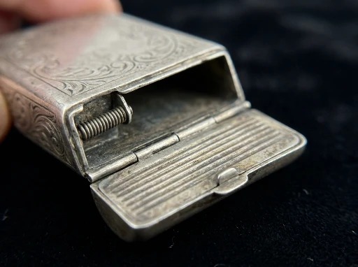 Detail of an antique silver vesta case showing the hinged lid and ribbed striking surface