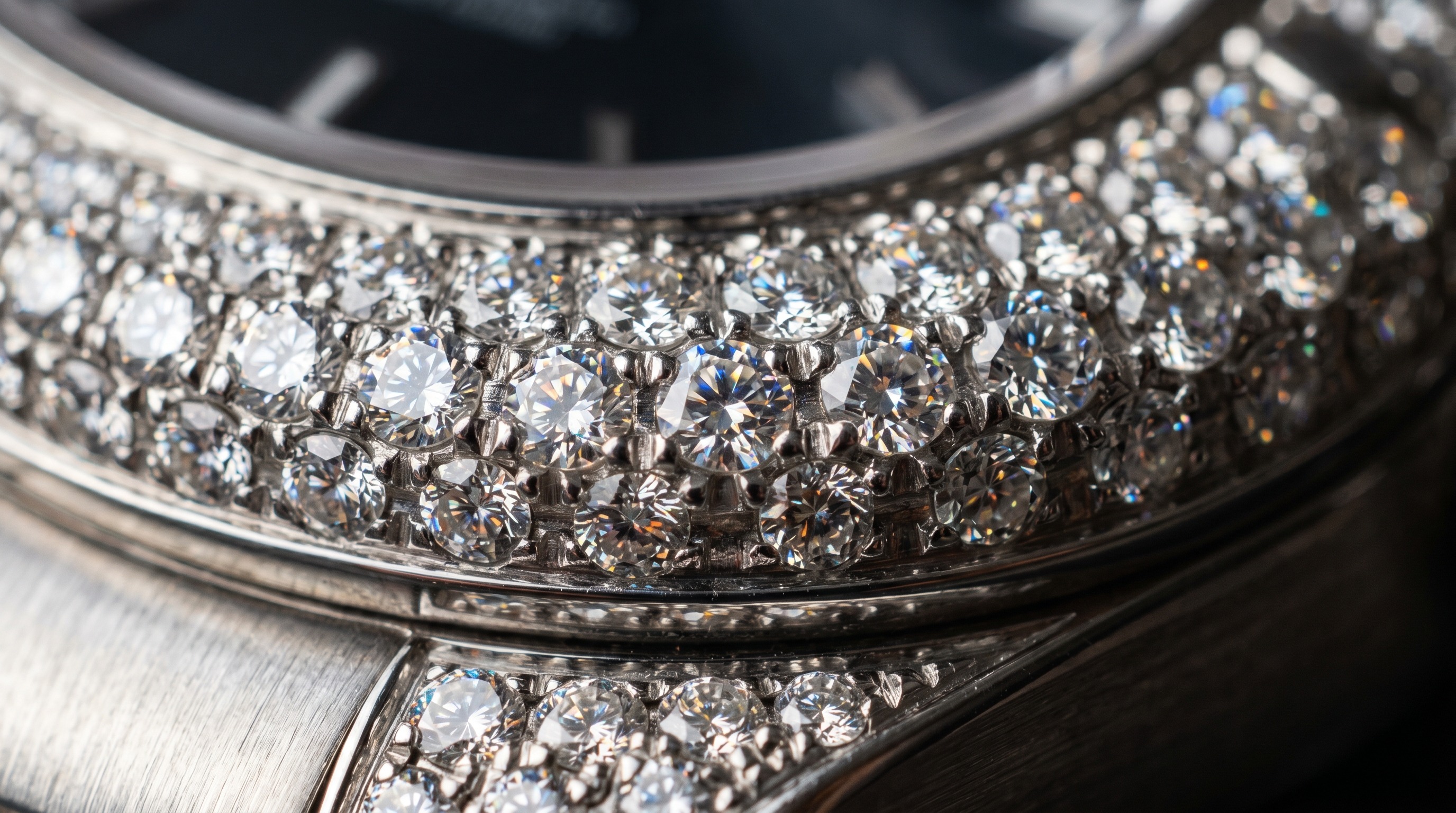 Close-up of brilliant-cut diamonds pavé-set in Adler white gold