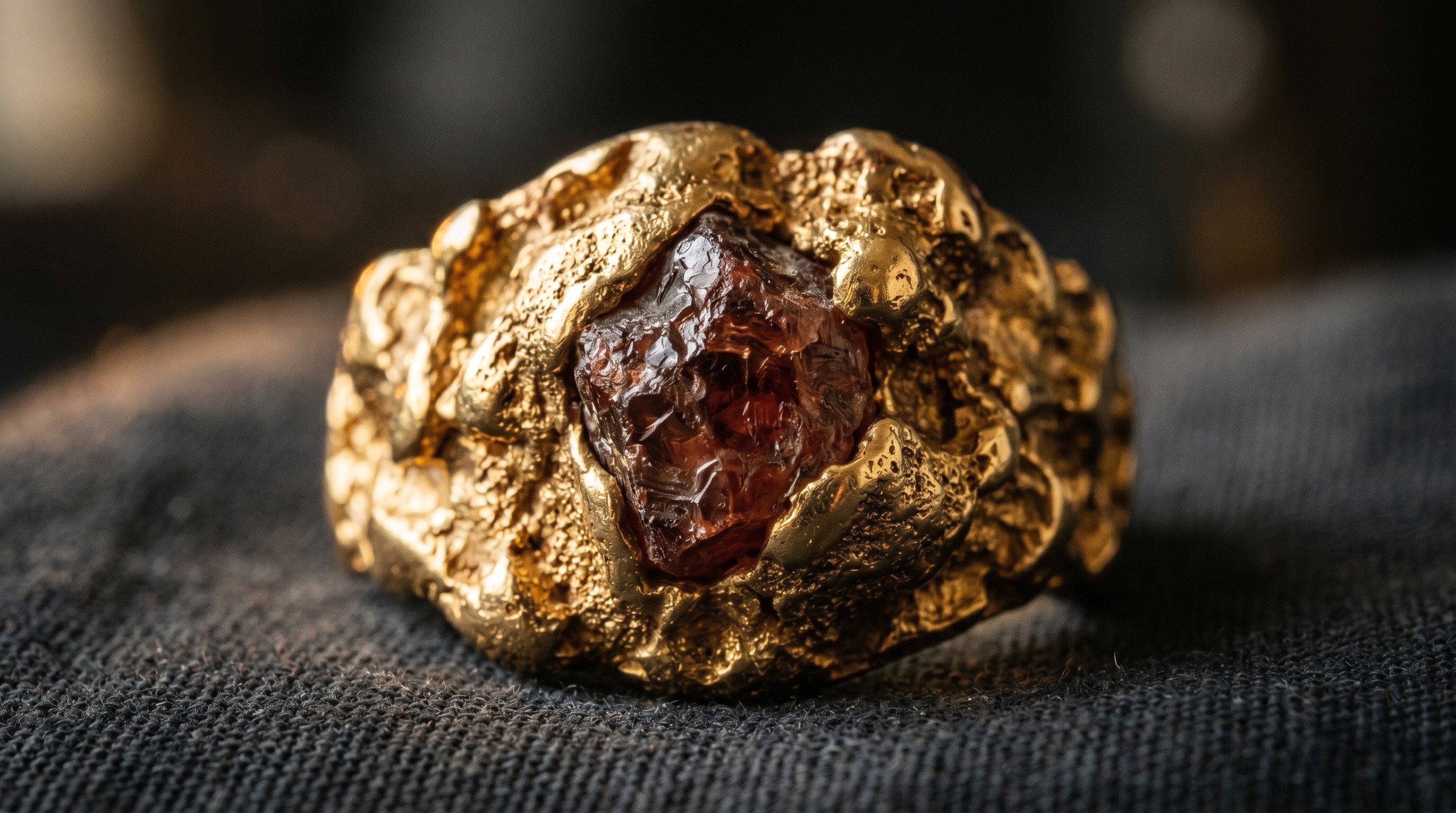 Close-up of Andrew Grima nuggety textured gold with raw gemstone