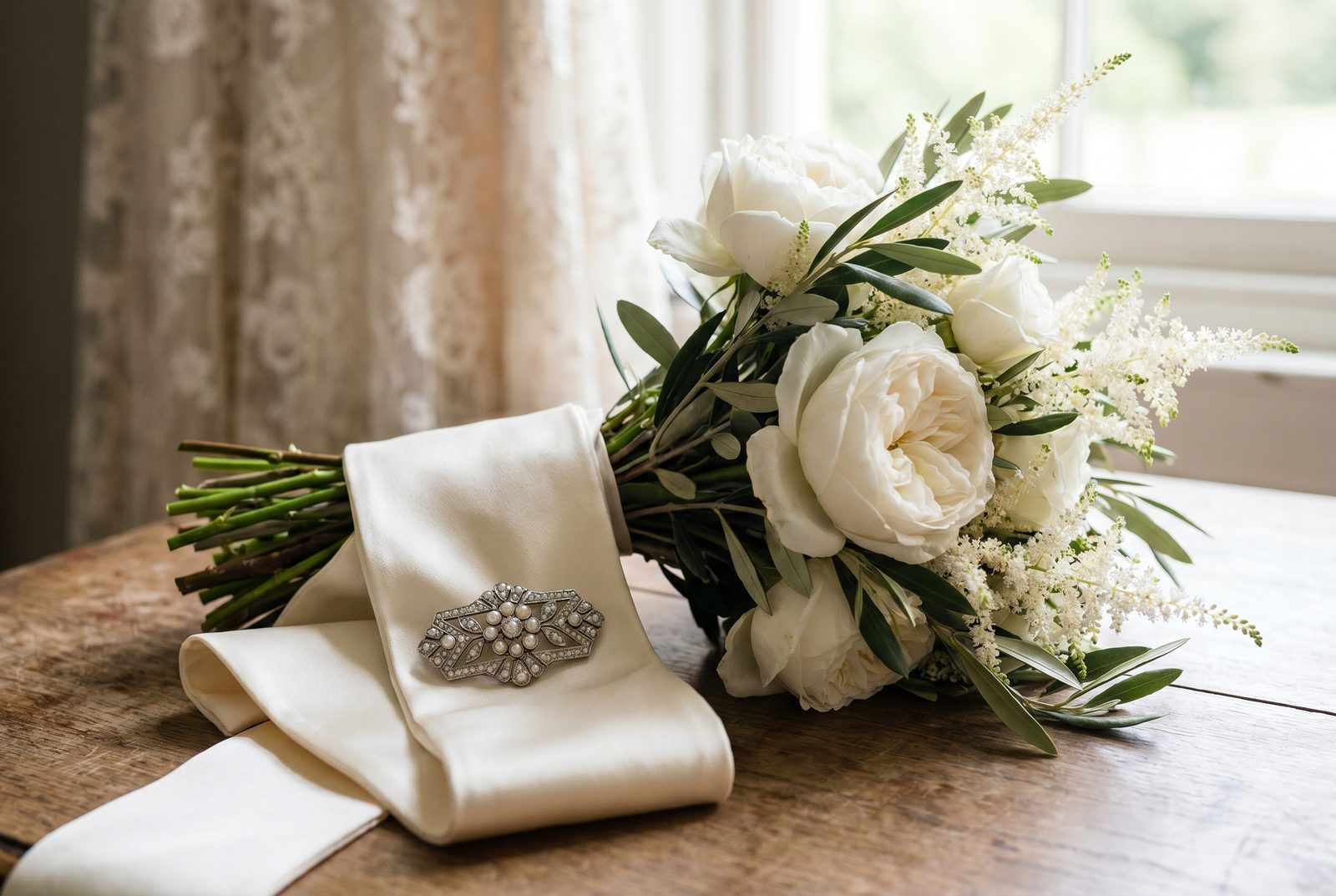 An antique diamond brooch as a bridal something old, on an ivory sash and rose bouquet