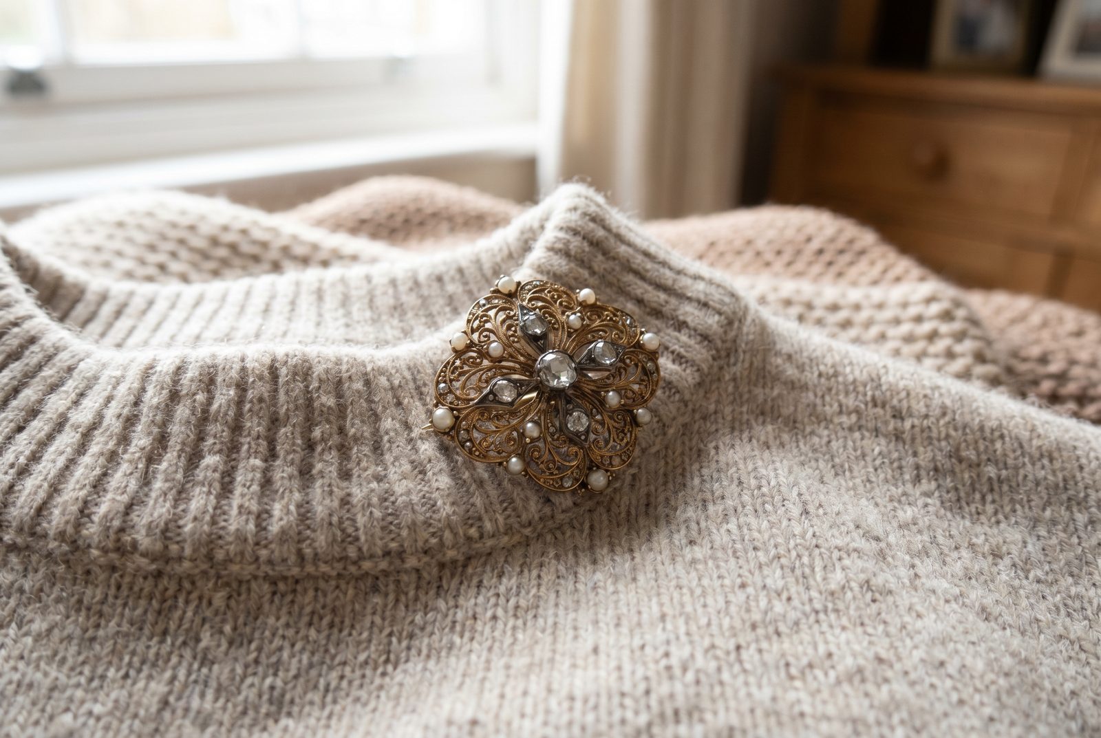 How to wear an antique brooch on a chunky knit jumper — the grandmacore look