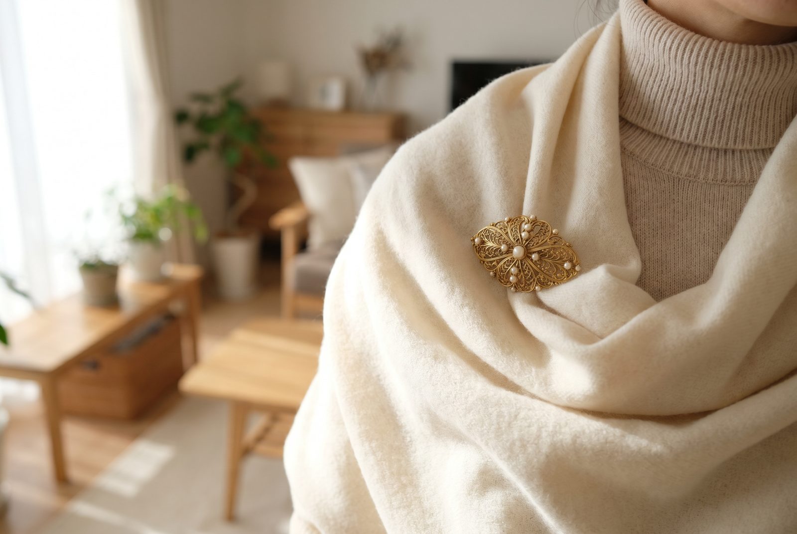 Wearing an antique brooch to anchor a draped cashmere scarf
