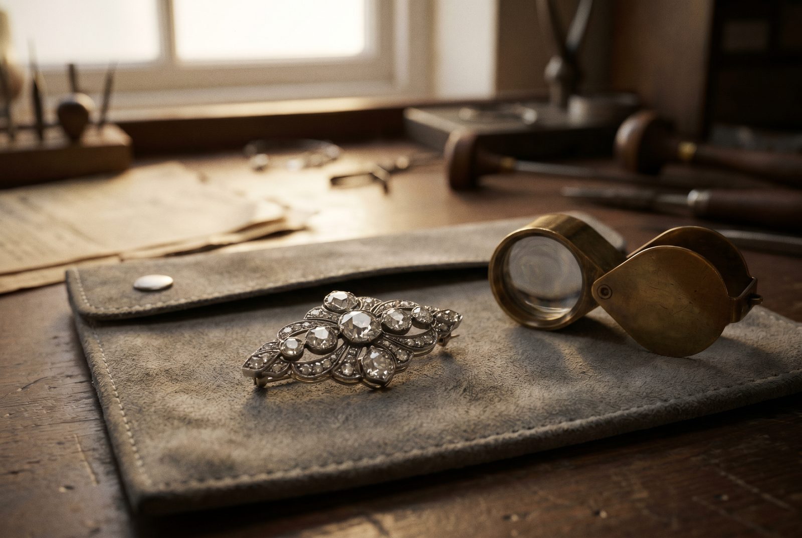 An antique brooch being valued on a jeweller's pad with a loupe — how to tell if a brooch is worth money