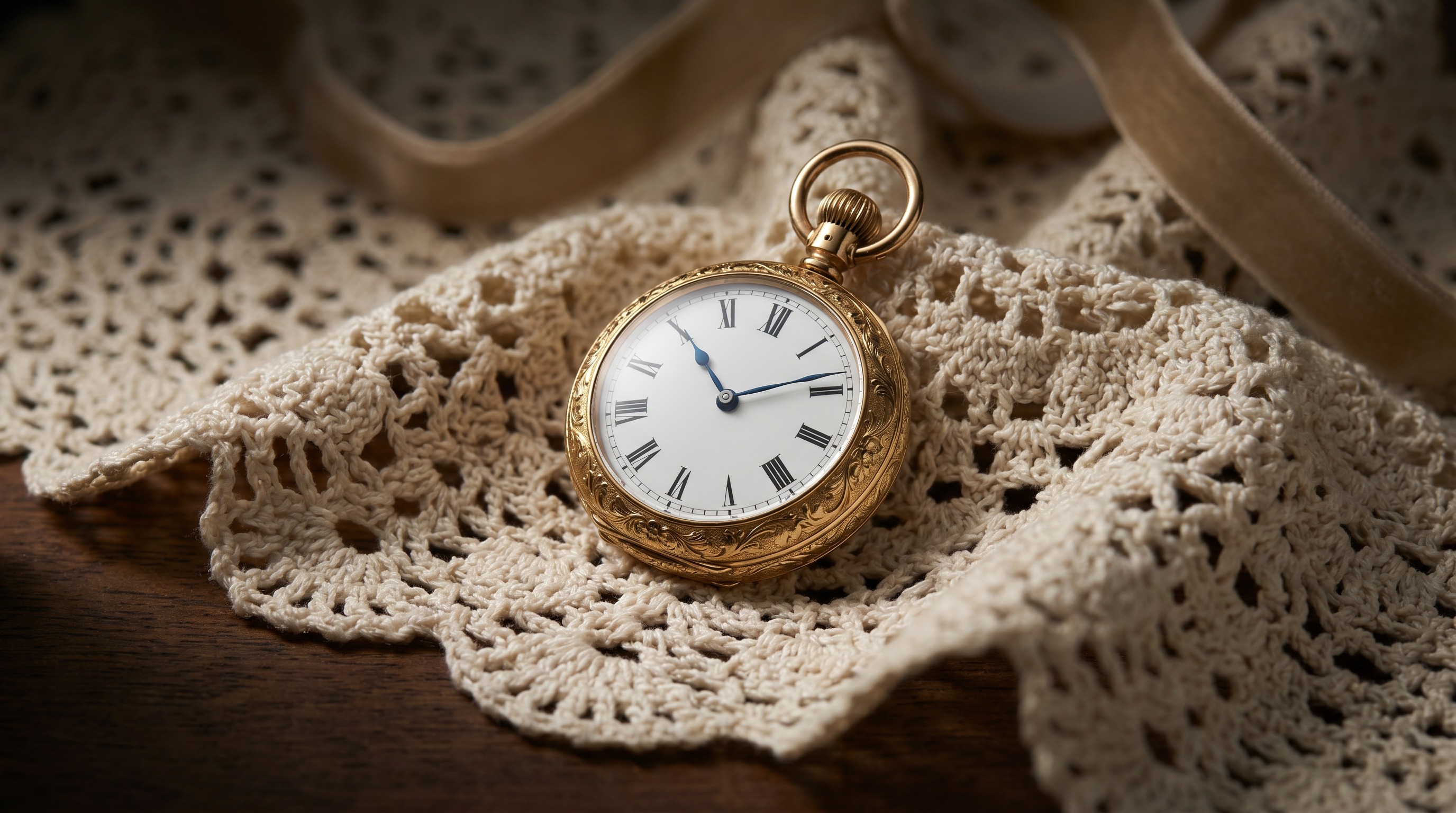 Small open-face antique gold fob watch with white enamel dial on antique lace