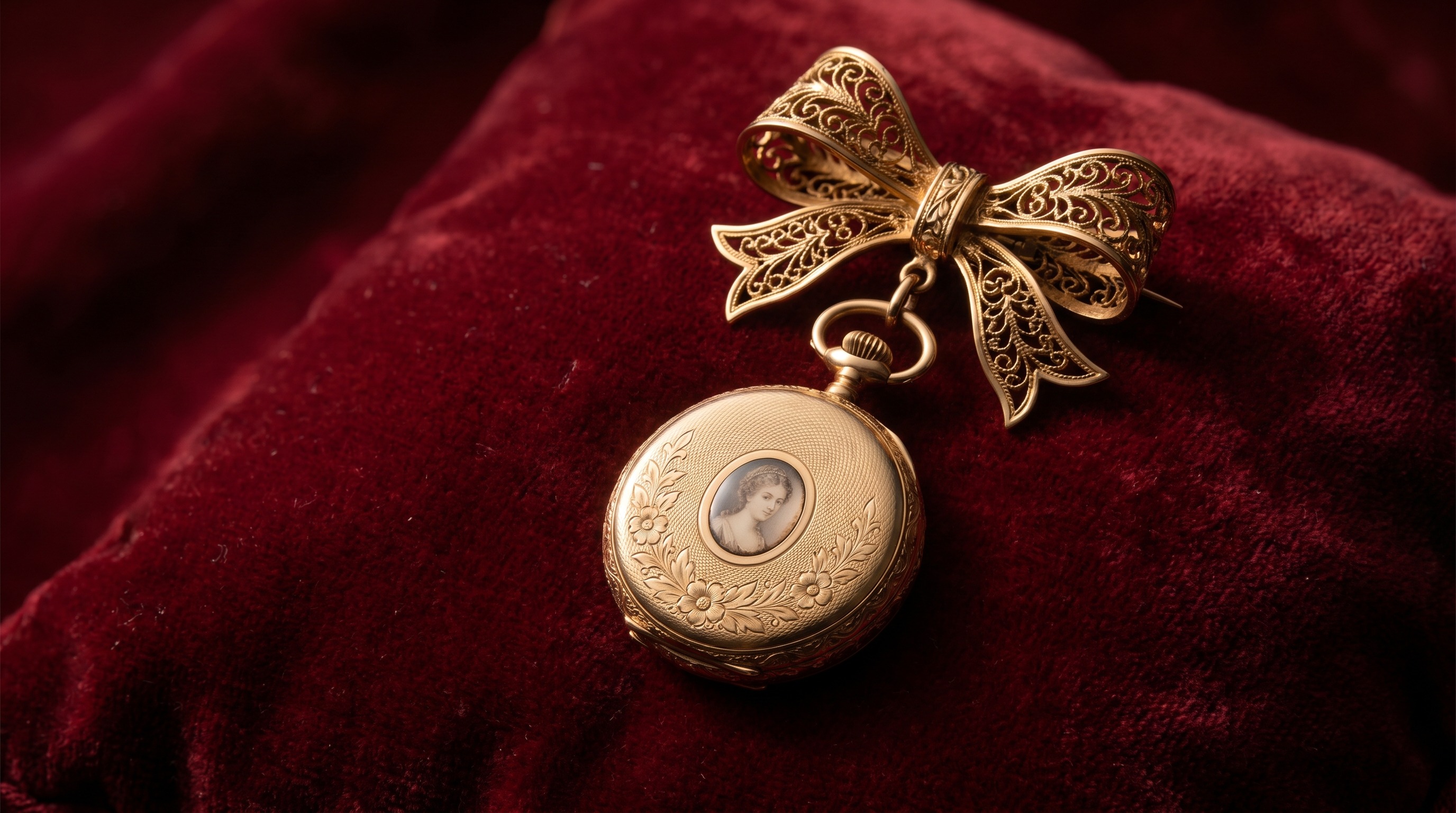 Antique gold ladies' pendant watch on an ornate bow brooch — Mozeris Fine Antiques
