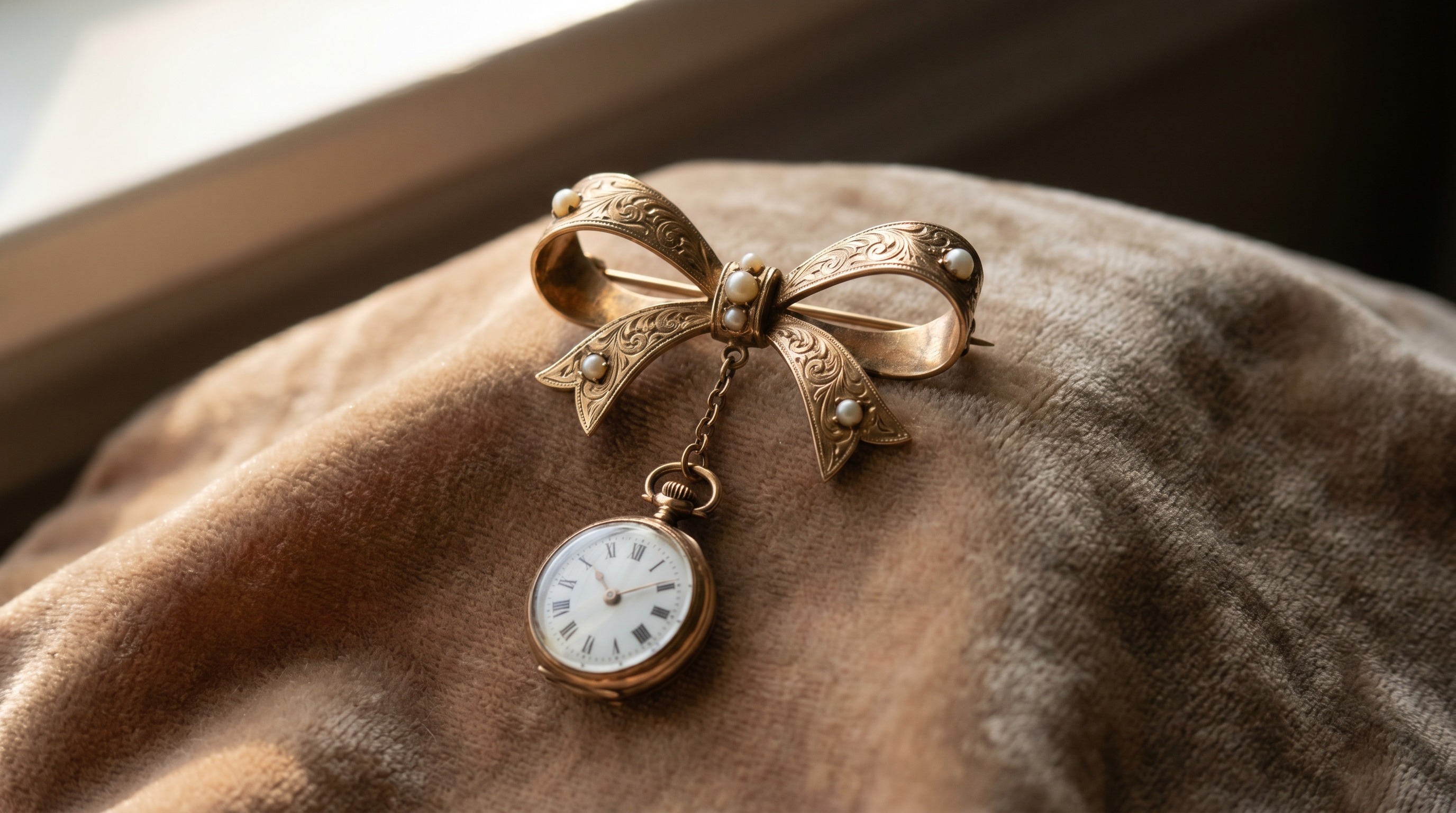 Decorative gold bow brooch with a small pendant watch and seed-pearl accents