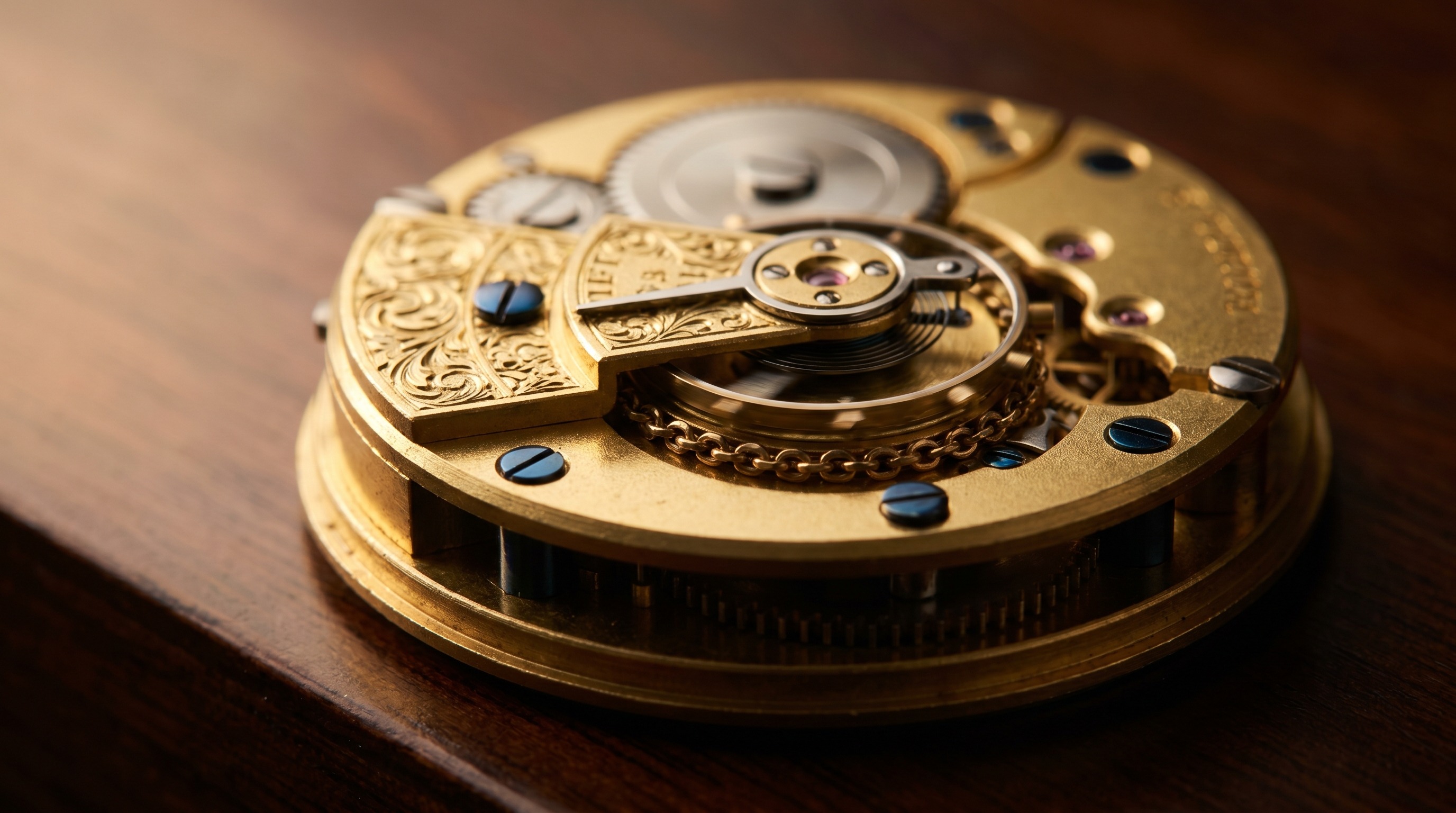 Macro of an antique English fusee pocket watch movement with gilt plates and blued screws