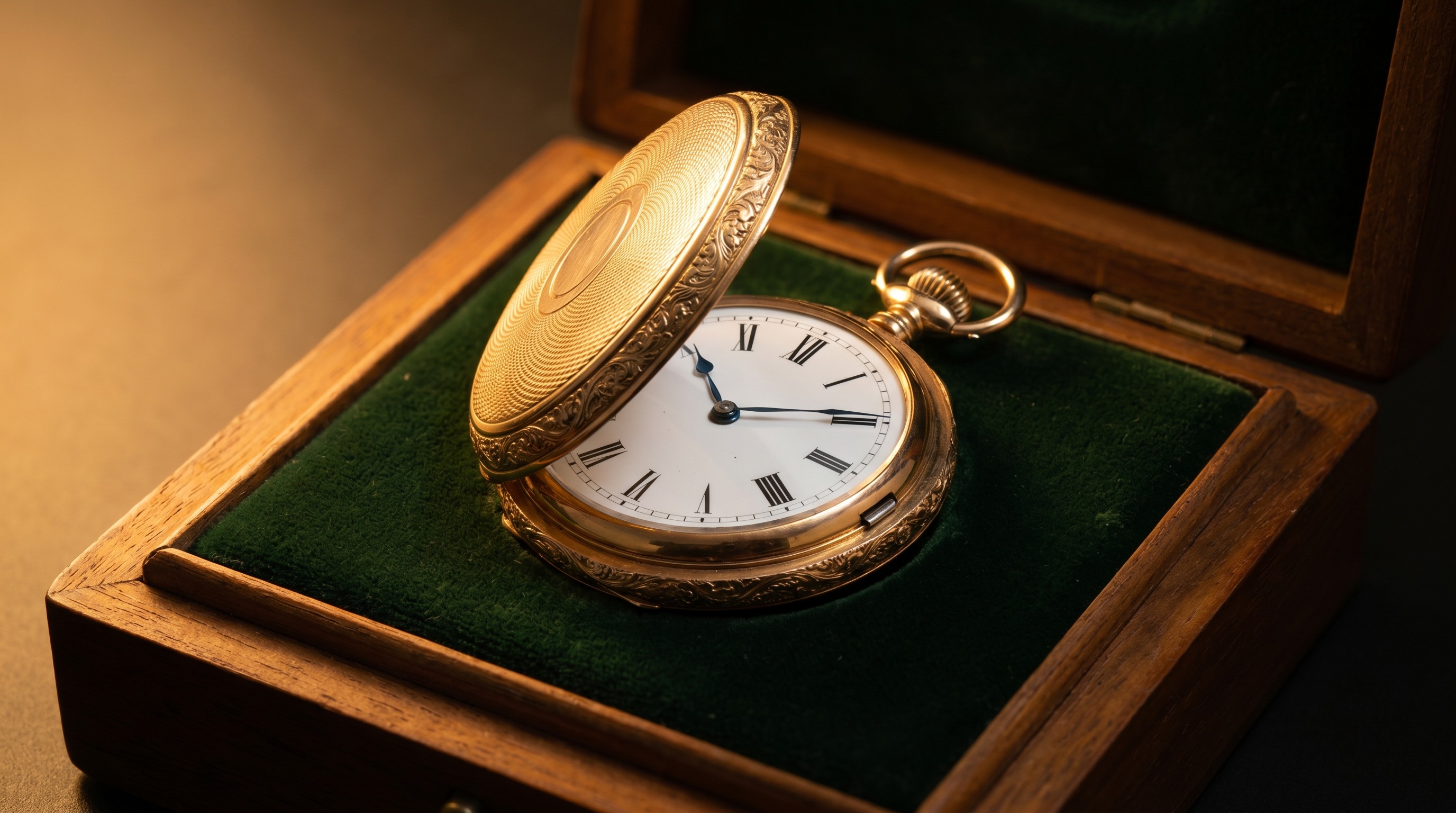 Antique 18ct gold full-hunter pocket watch open on dark green velvet — Mozeris Fine Antiques