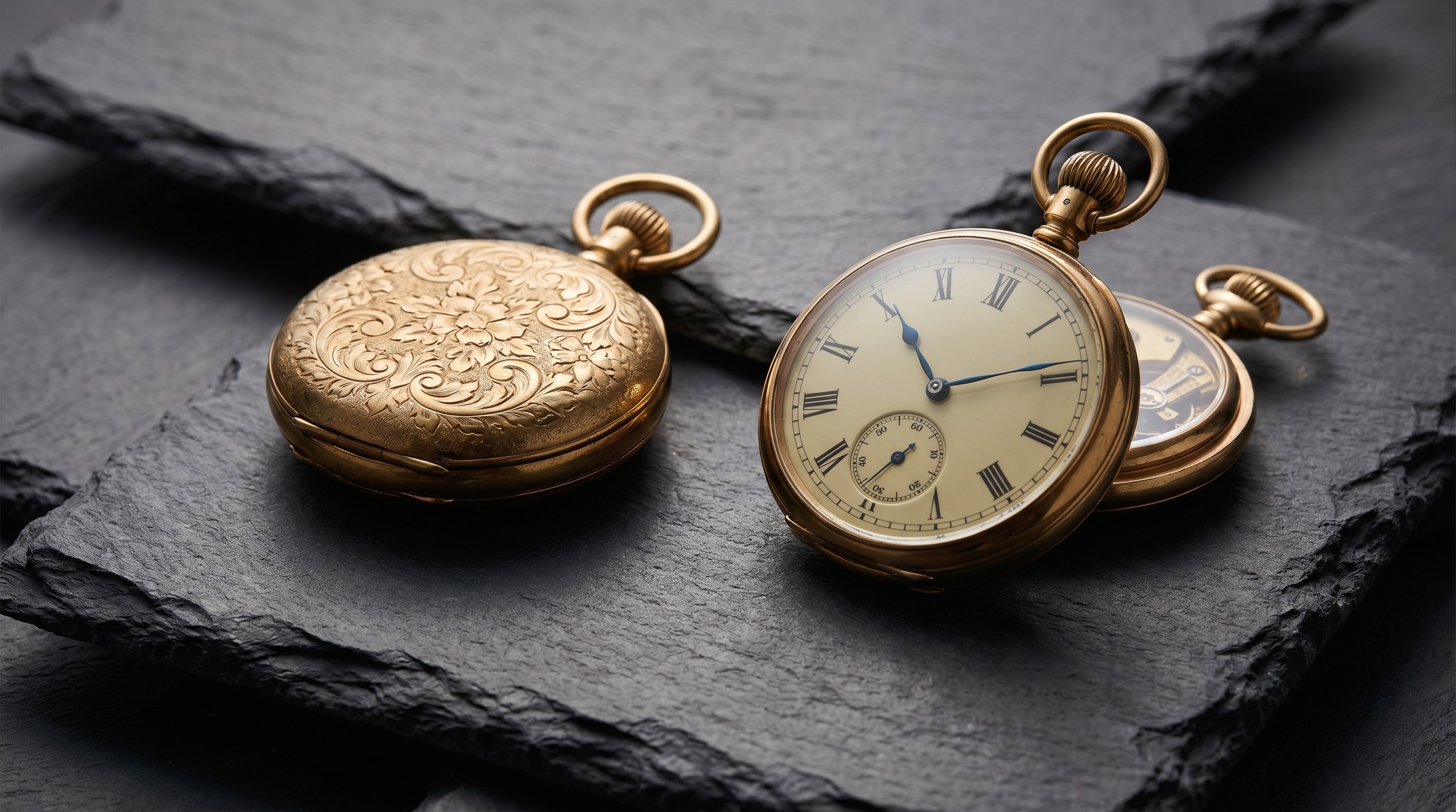 A closed full-hunter gold pocket watch beside an open-face gold pocket watch showing its enamel dial