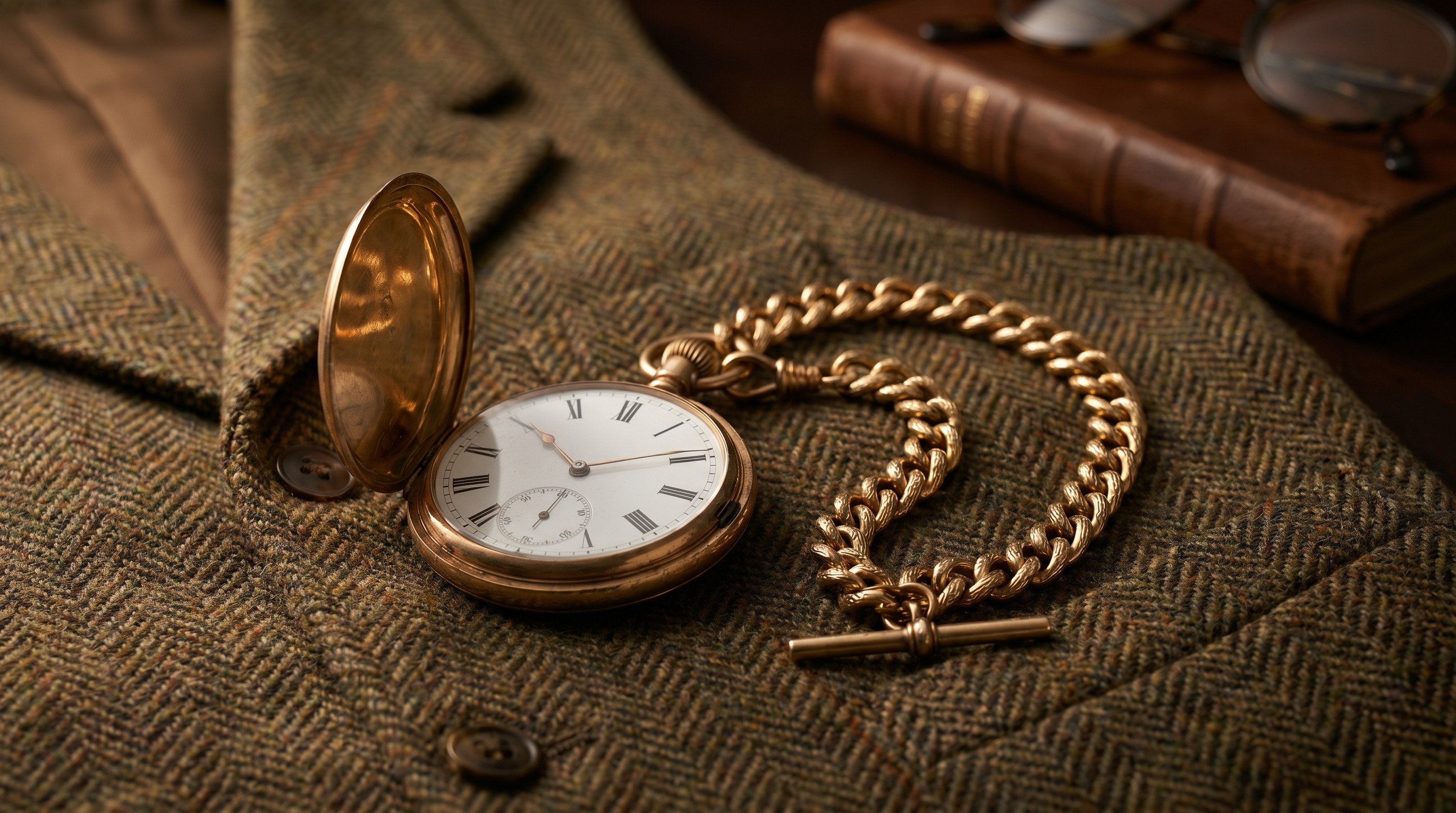 Antique gold open-face pocket watch with a curb-link gold albert chain and T-bar on a tweed waistcoat