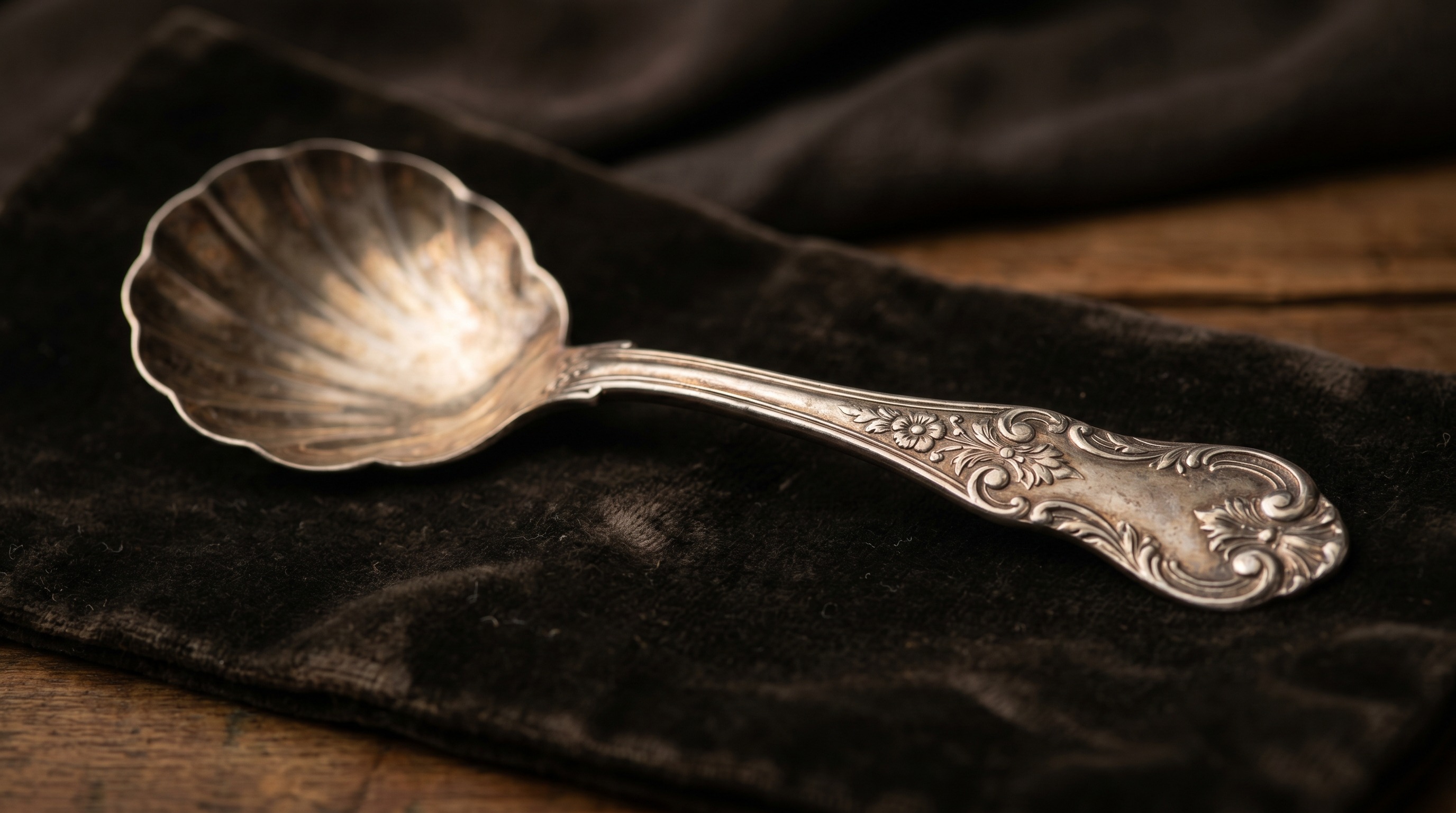 Close-up of a shell-shaped antique silver caddy spoon bowl