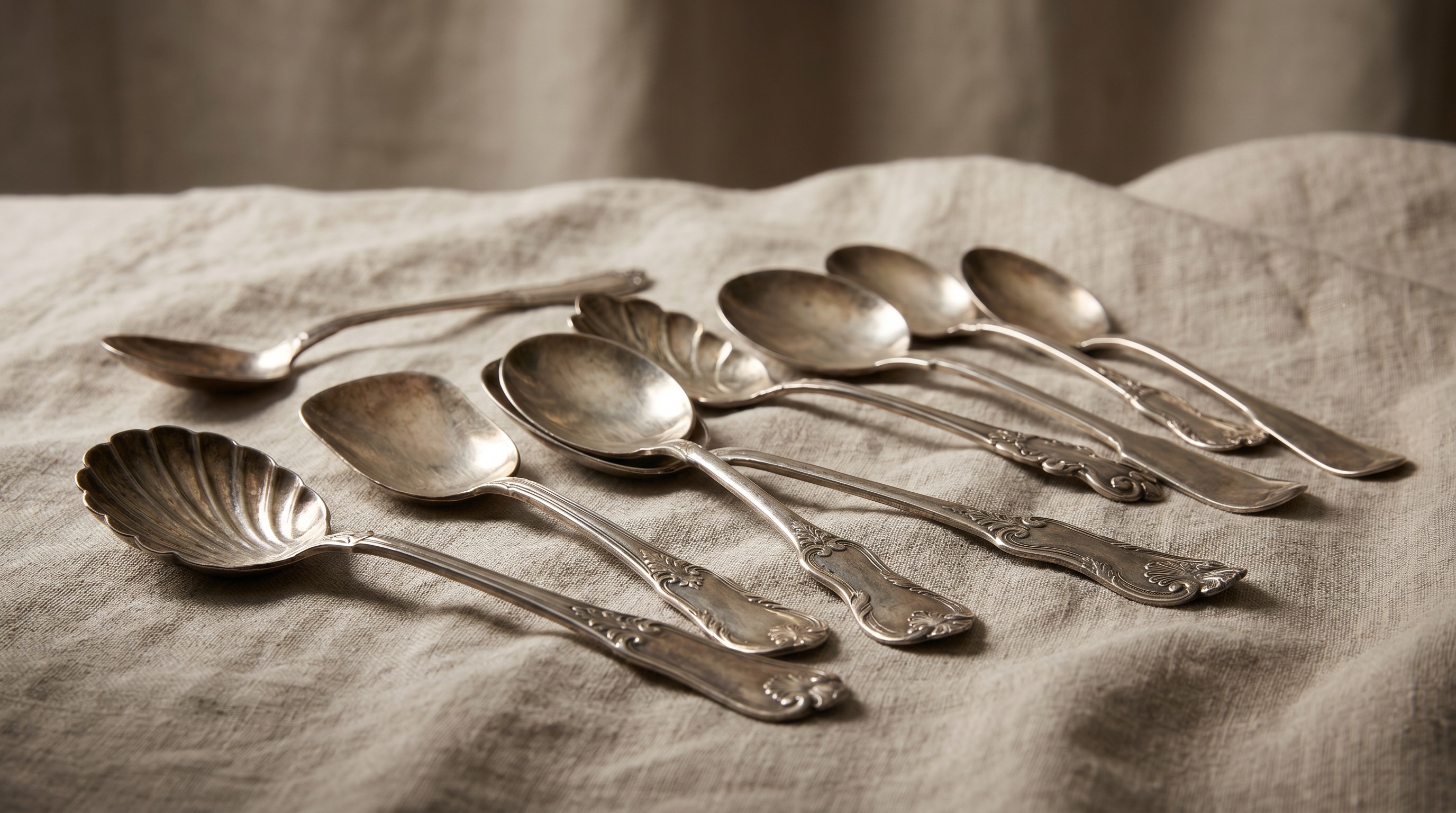 A collection of antique silver caddy spoons of different decorative shapes