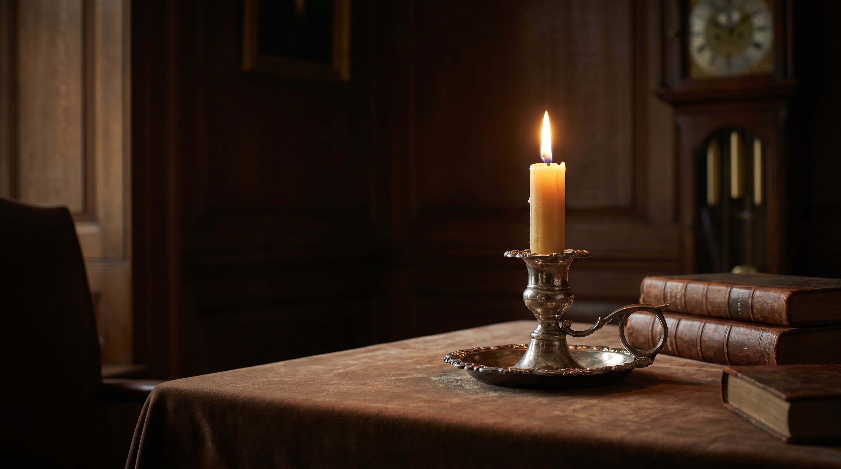 Antique silver chamberstick with a lit candle