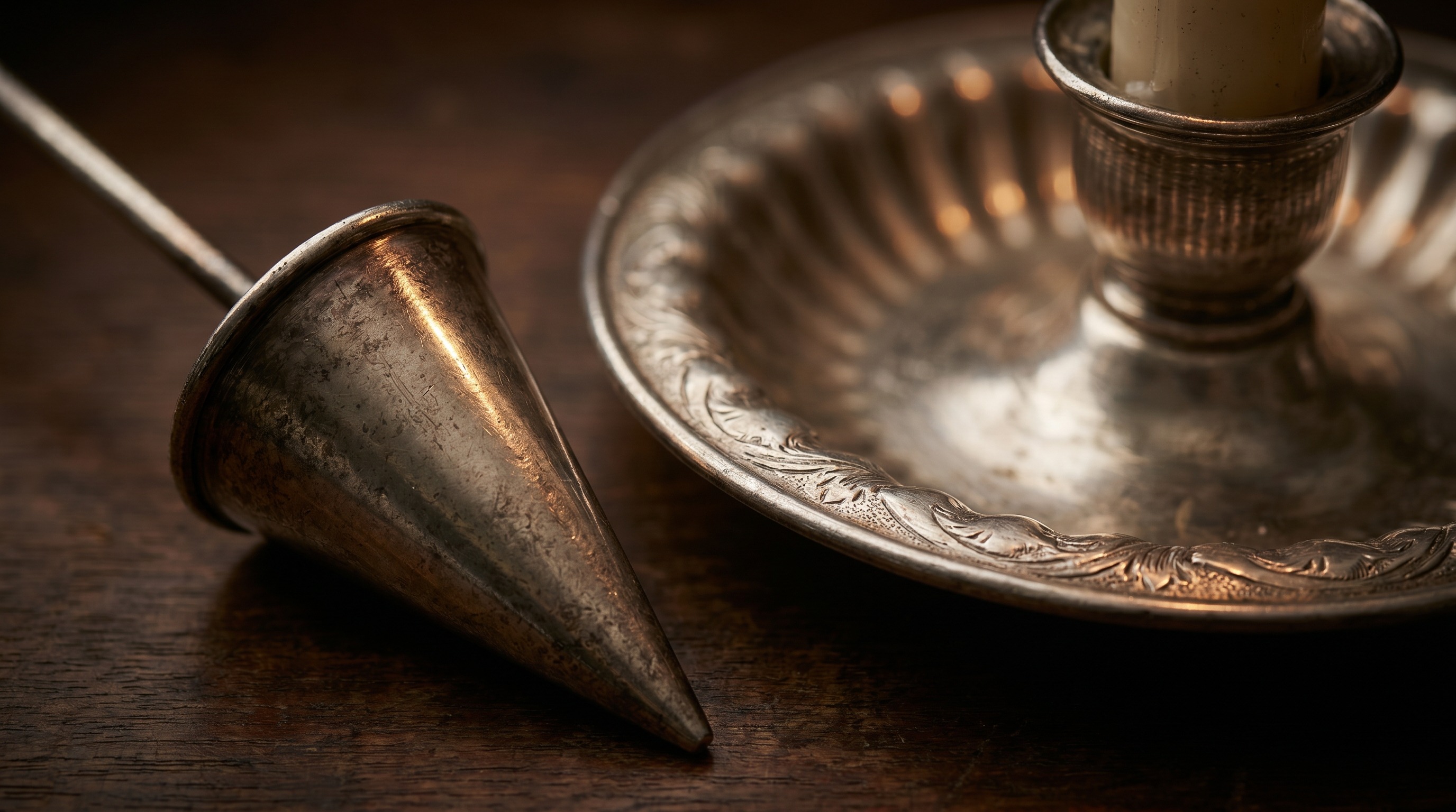 Conical candle snuffer and sconce of an antique silver chamberstick