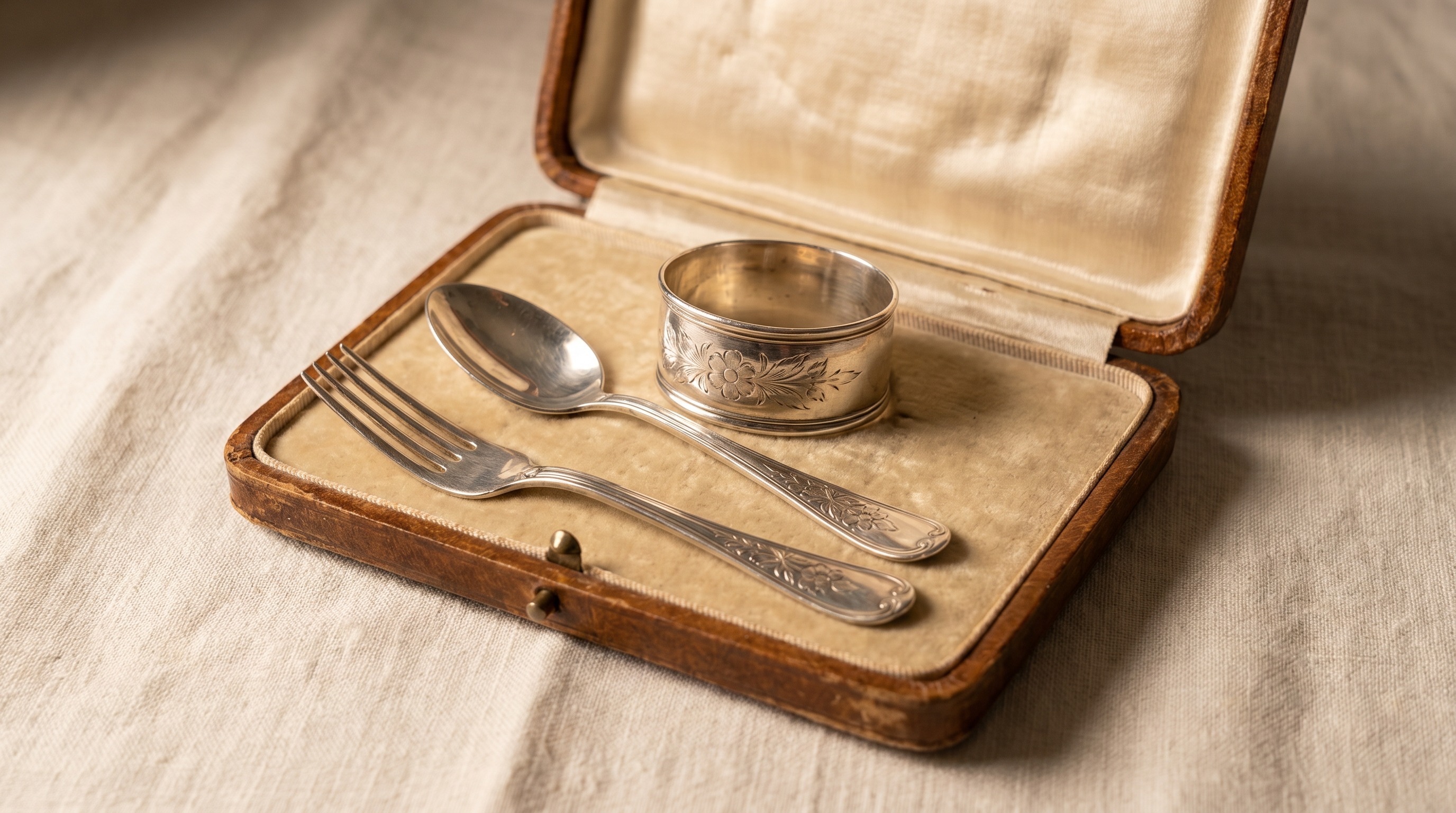 An antique cased silver christening set open in its fitted box