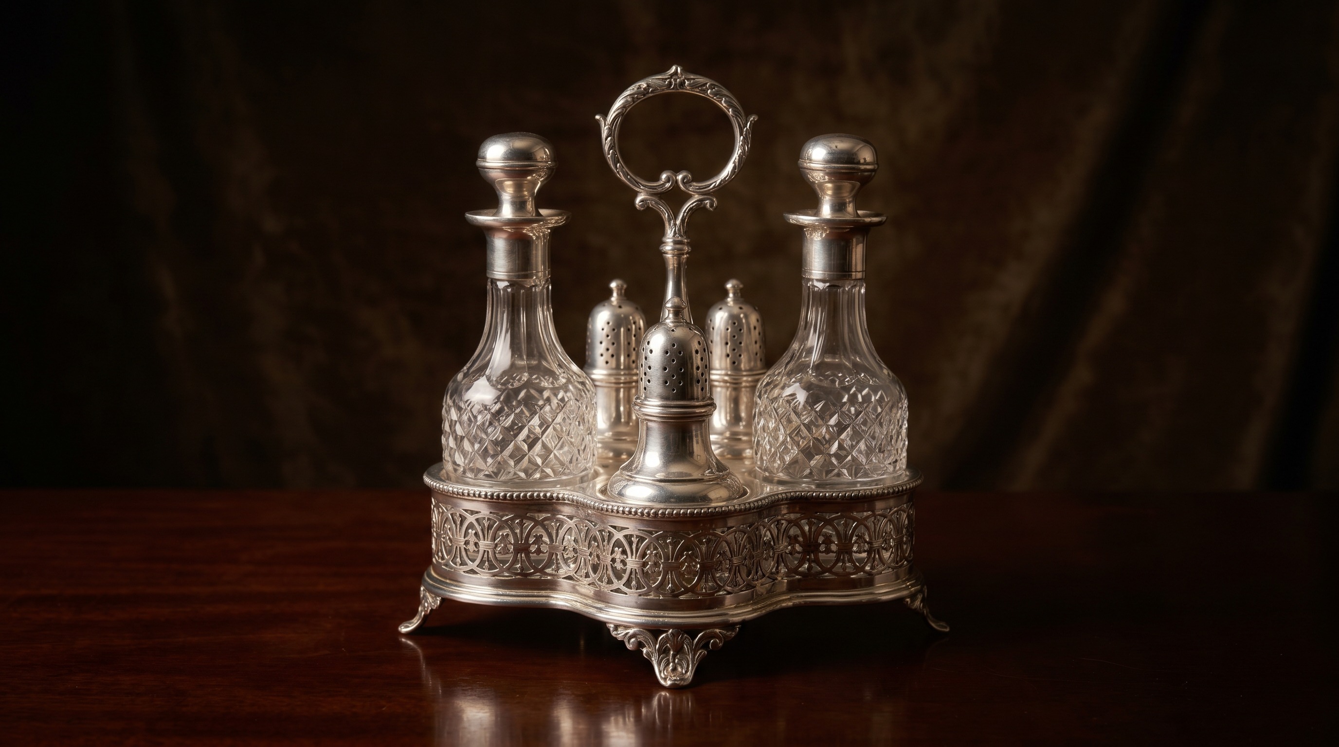 Antique sterling silver cruet and condiment set — Mozeris Fine Antiques