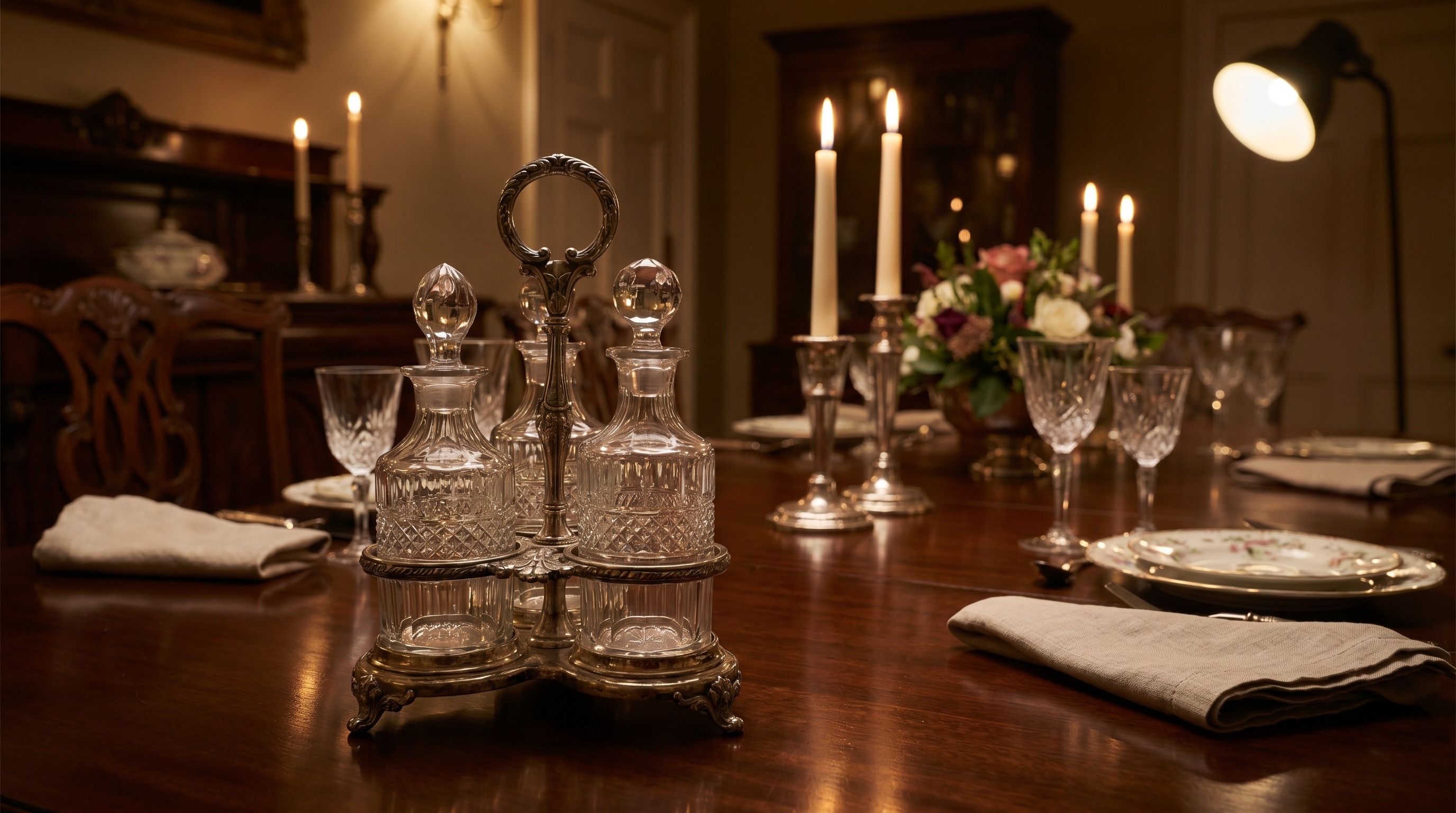 Antique silver cruet set on a candlelit dining table