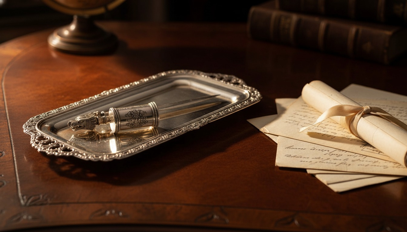 Antique writing desk set with silver pen tray, seal and letter opener