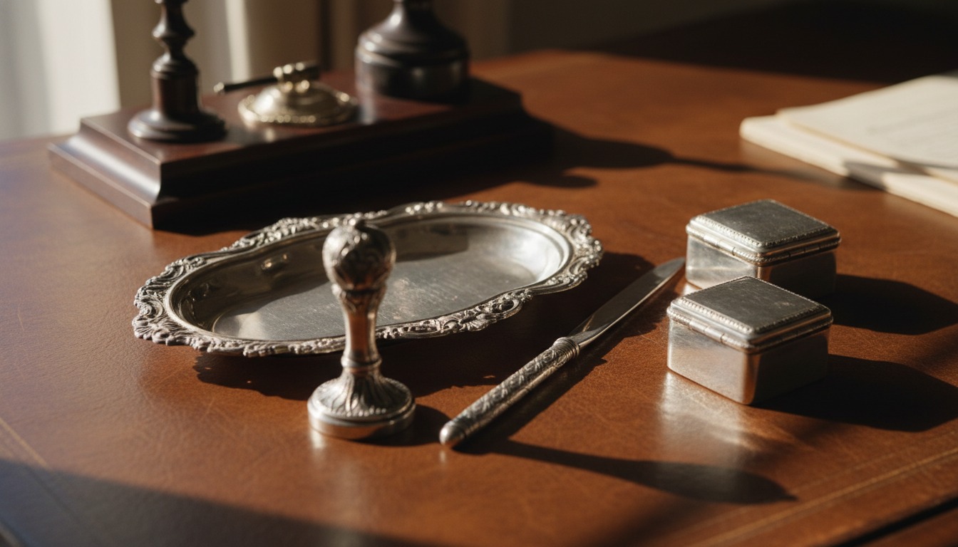 Antique sterling silver desk and writing accessories — pen tray, letter opener, stamp box and seal — Mozeris Fine Antiques