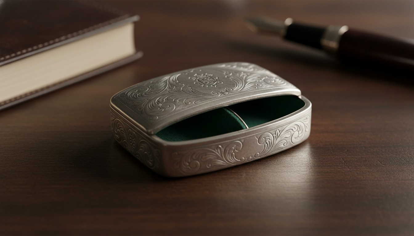 Small antique silver stamp box with engraved lid