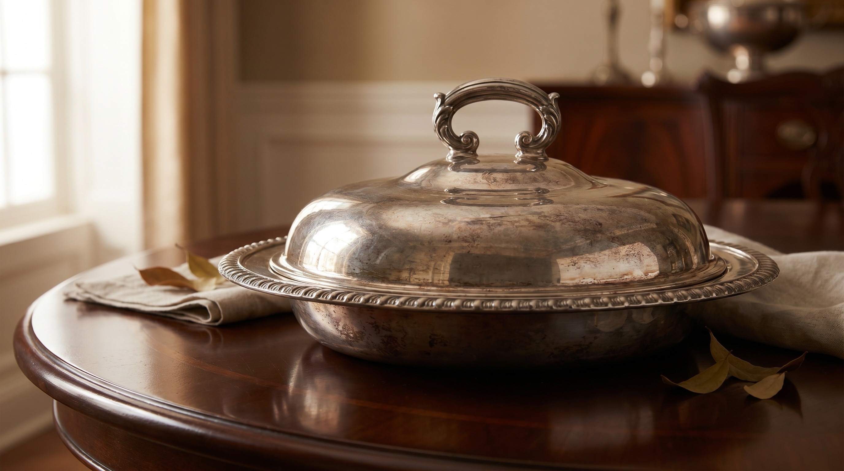 Antique sterling silver entrée dish with domed cover and detachable handle — Mozeris Fine Antiques