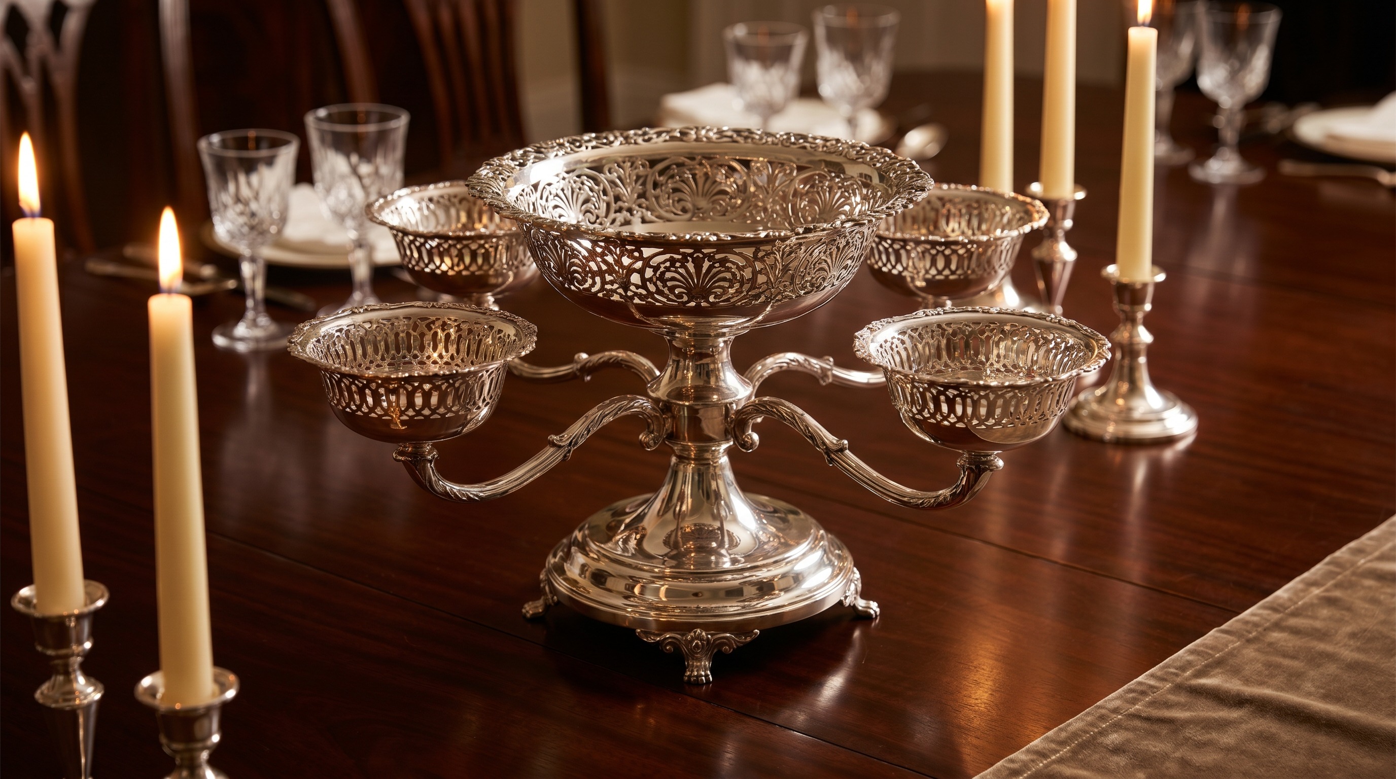 Antique sterling silver epergne centrepiece with baskets — Mozeris Fine Antiques