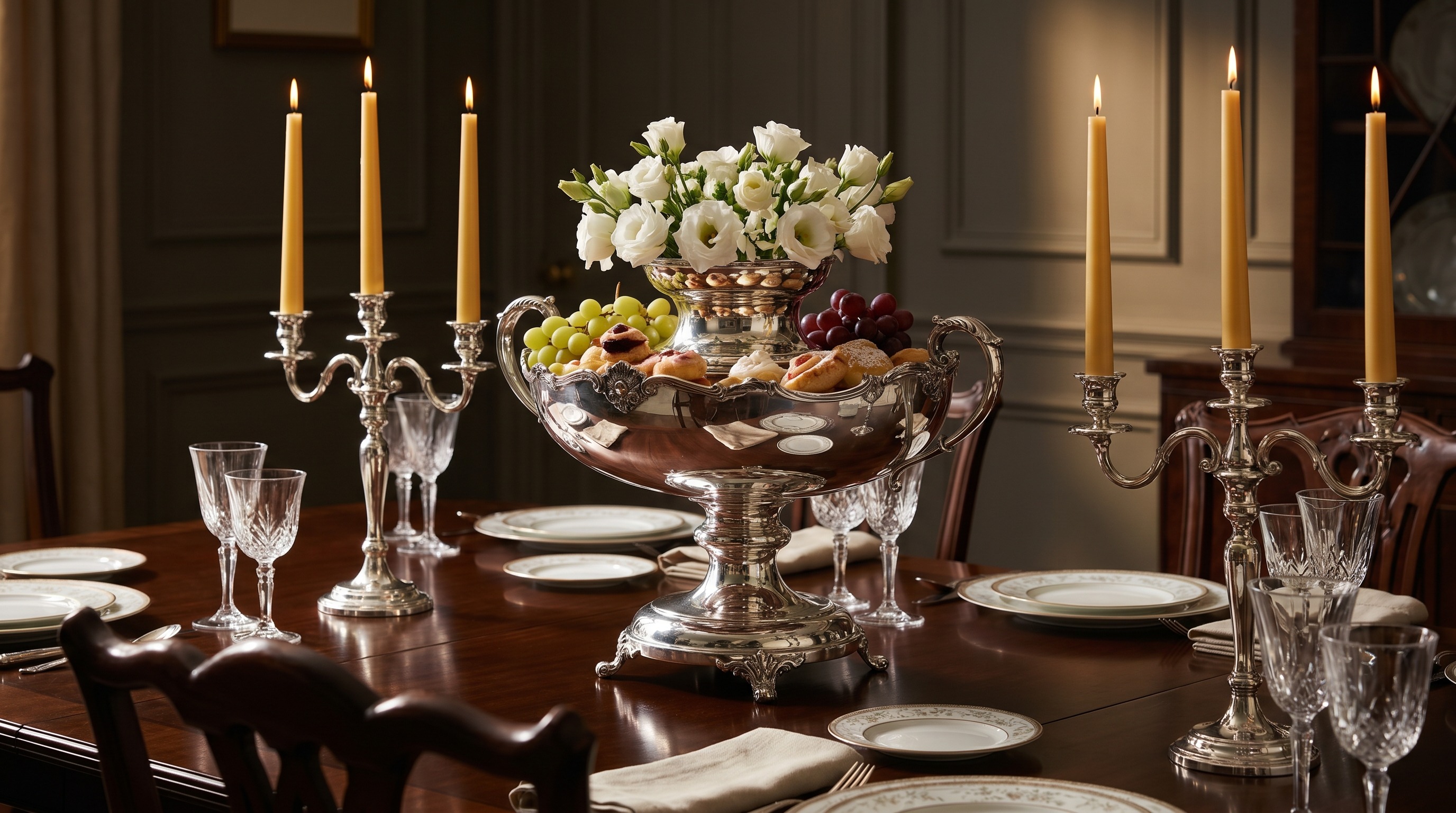 An antique silver epergne as a centrepiece on a laid dining table