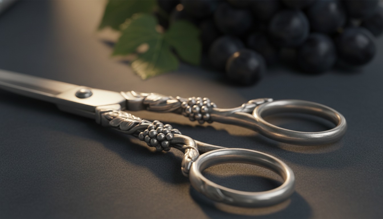 Cast vine-and-grape handles of antique silver grape scissors