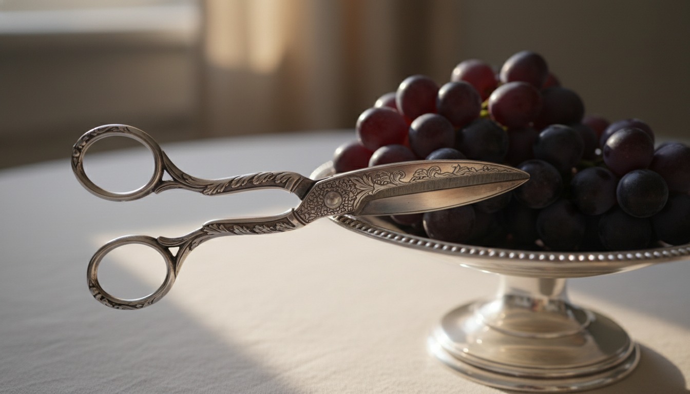 Antique silver grape scissors beside a bunch of grapes on a silver comport