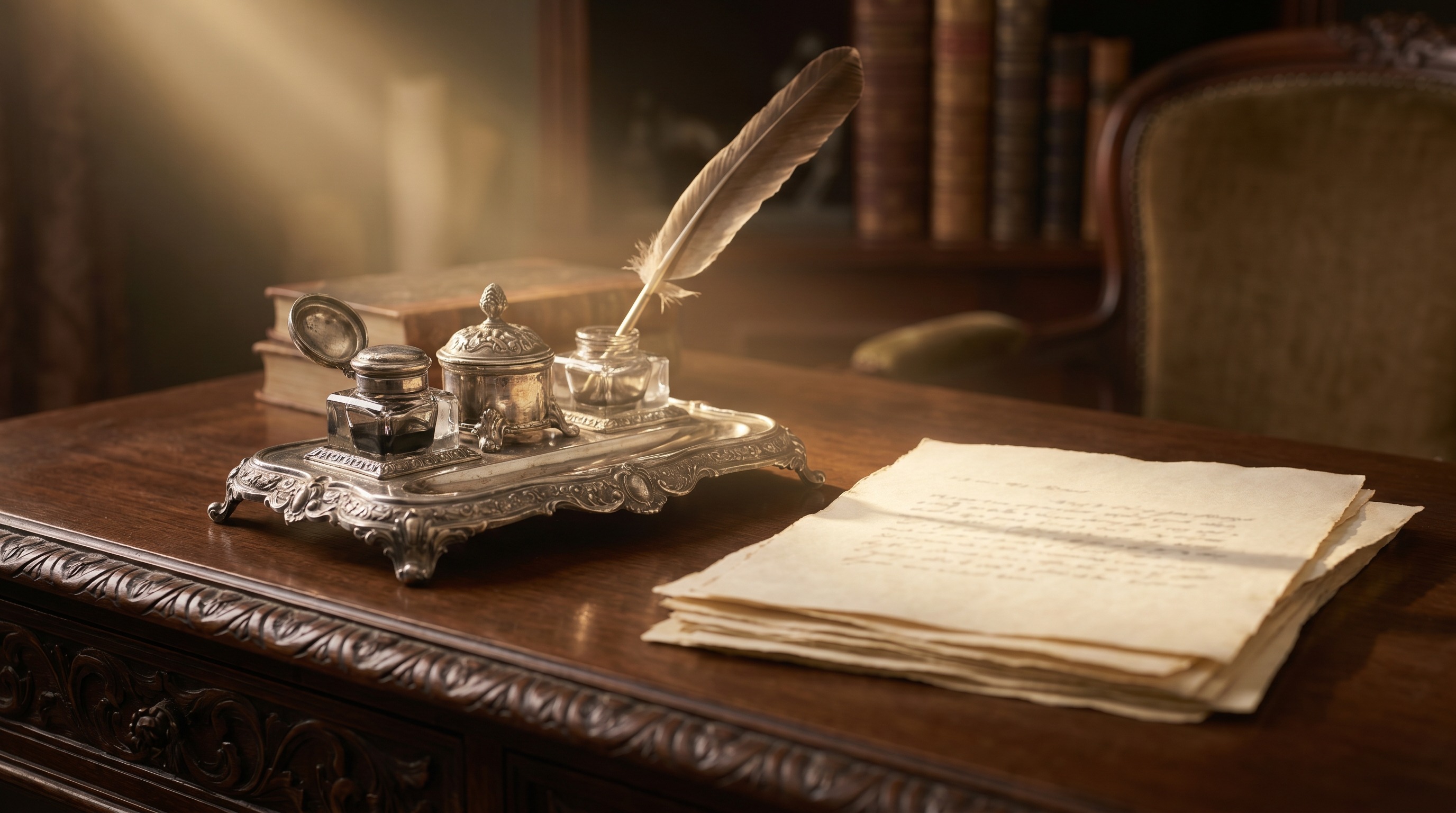 Antique silver inkstand on a Victorian writing desk