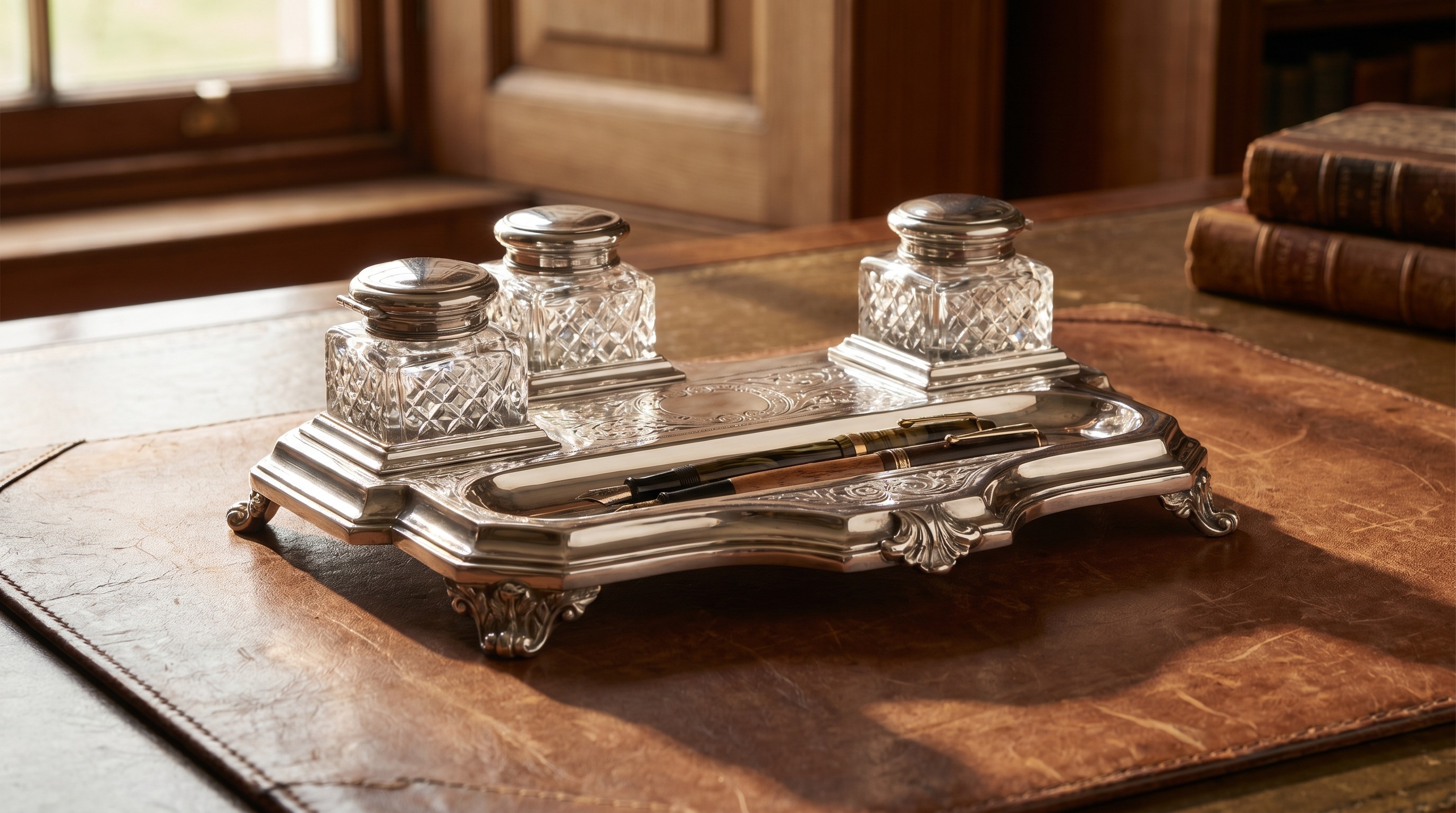 Antique sterling silver inkstand with cut-glass inkwells — Mozeris Fine Antiques