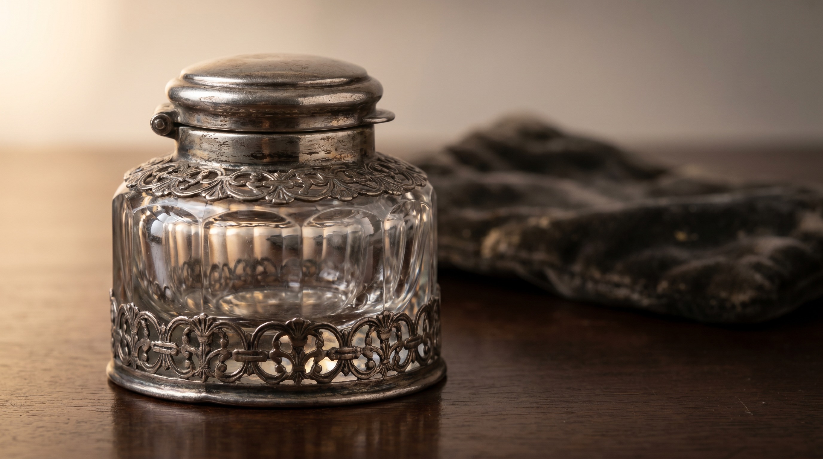 Antique silver-mounted cut-glass inkwell with hinged silver lid