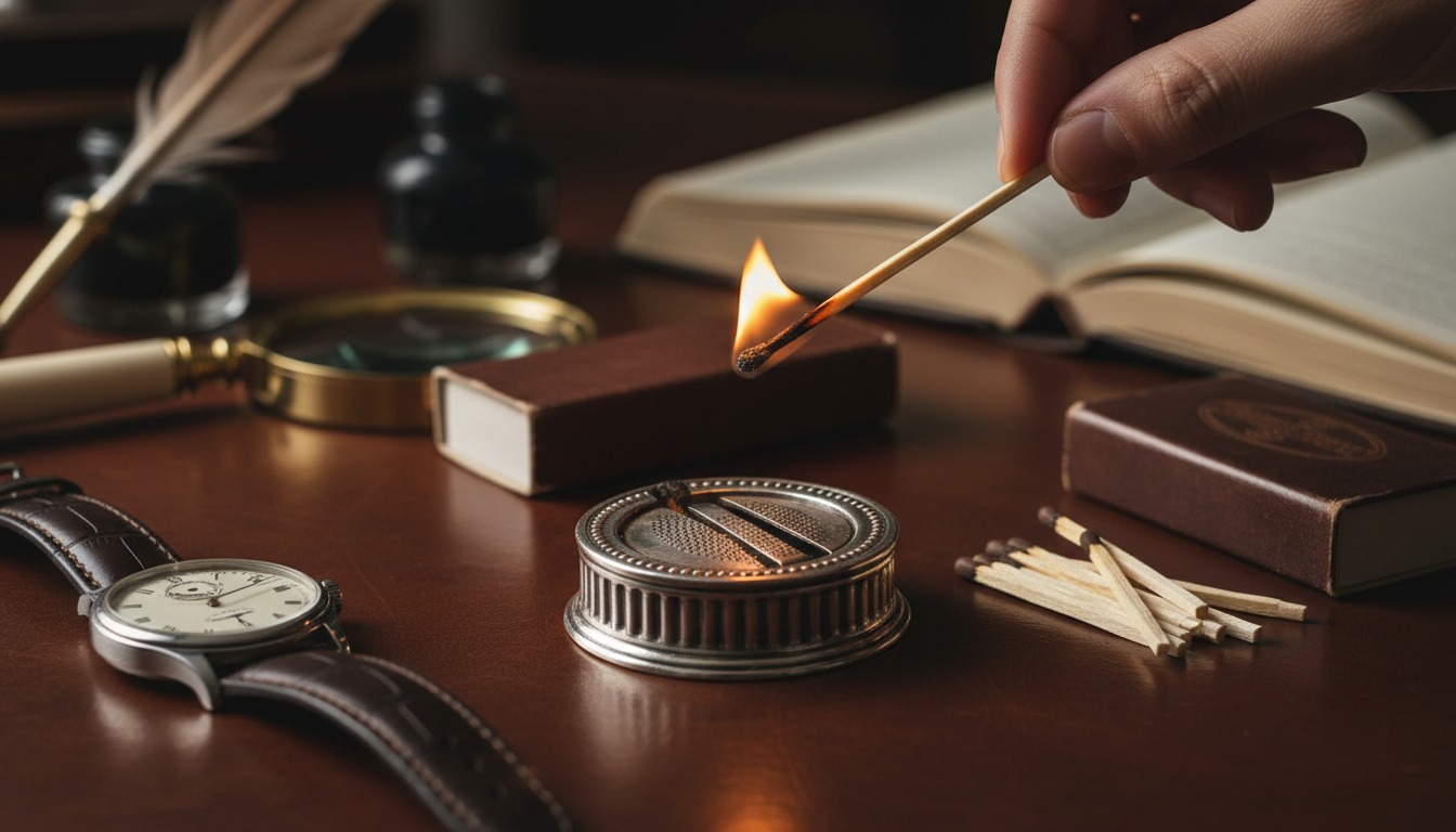 Antique silver match striker on a desk with a struck match