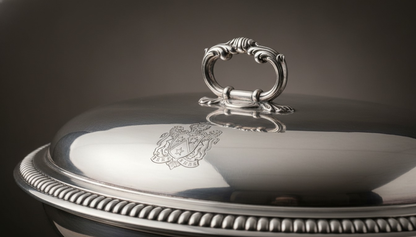 Detachable handle and gadrooned rim of an antique silver meat dome