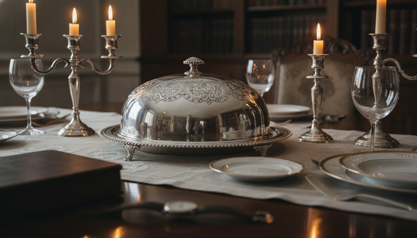 Antique silver meat dome covering a serving platter on a dining table