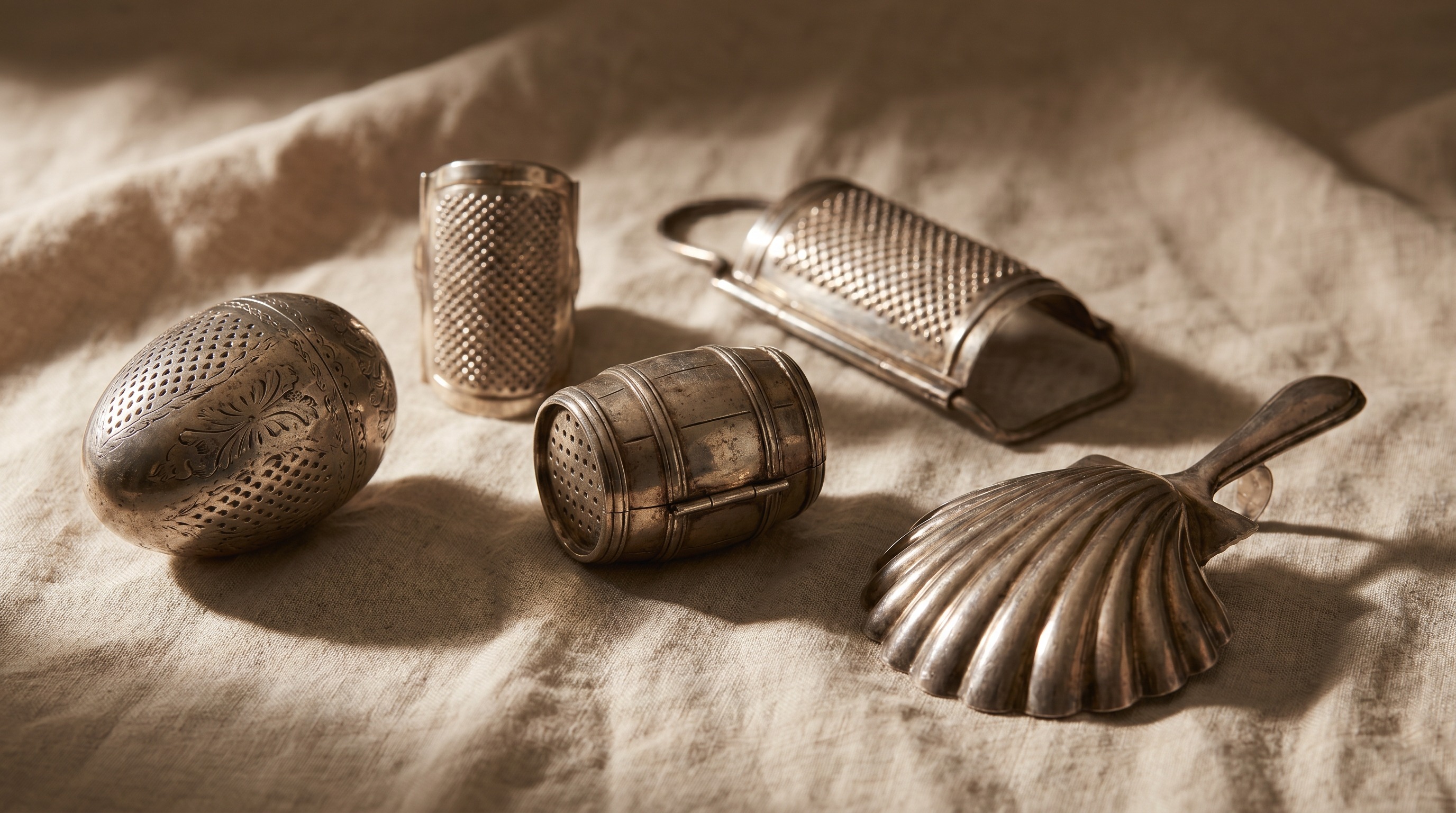 A collection of antique silver nutmeg graters of different forms