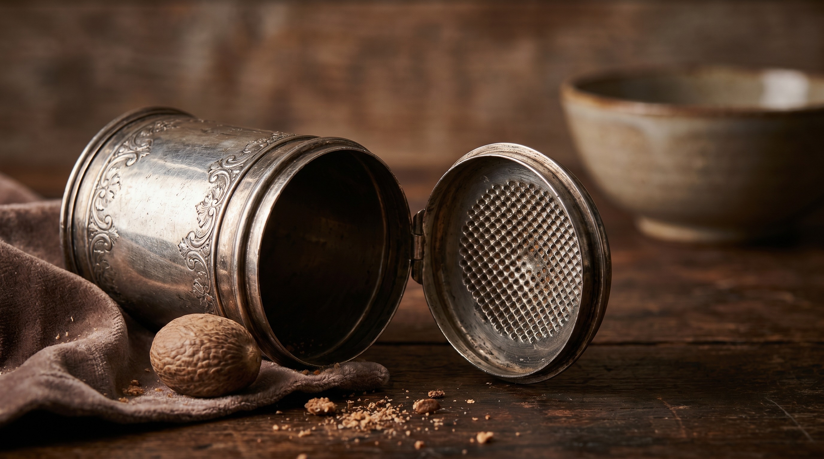 Antique sterling silver nutmeg grater open beside a whole nutmeg — Mozeris Fine Antiques