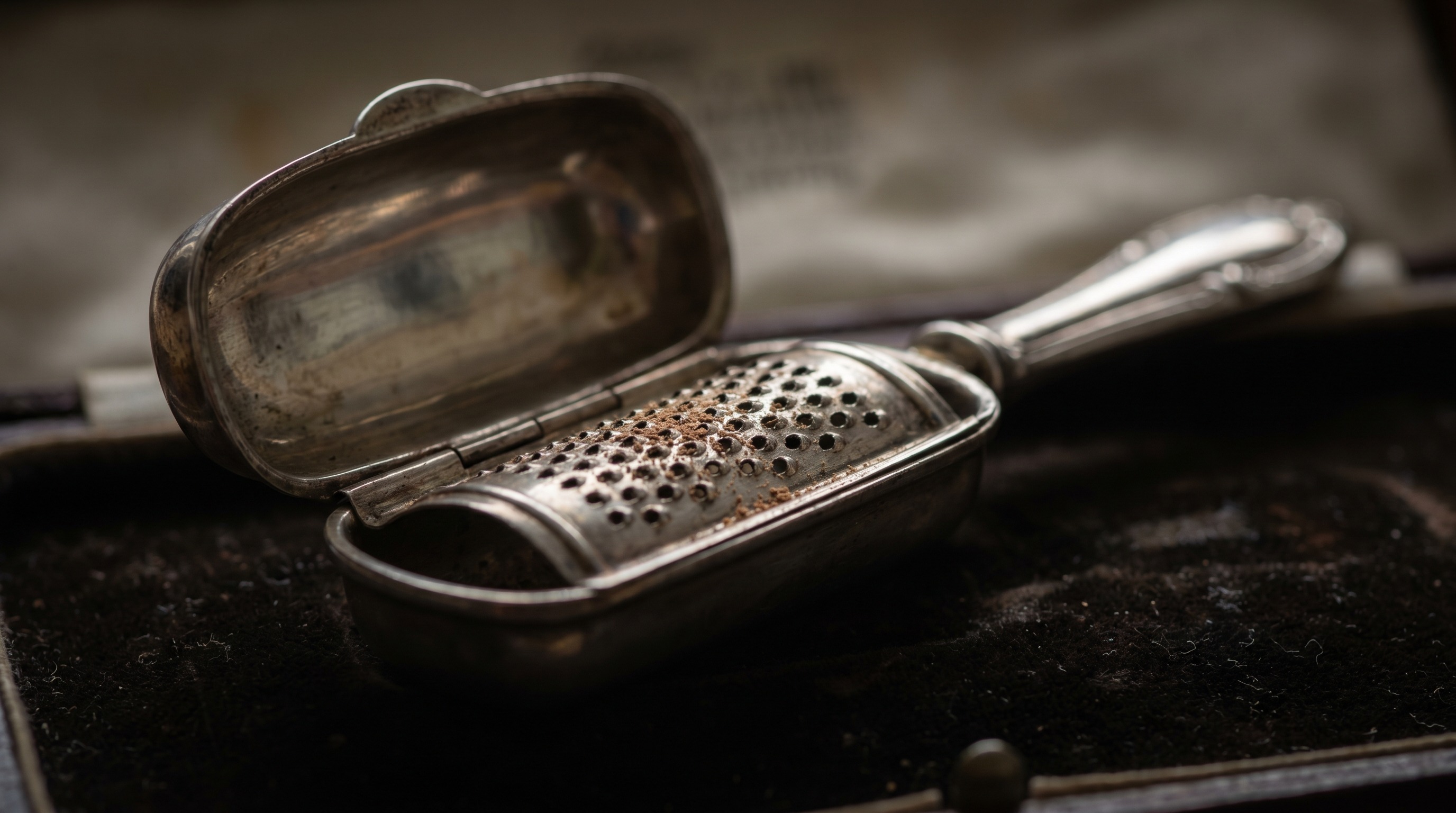 Open antique silver nutmeg grater showing the steel rasp