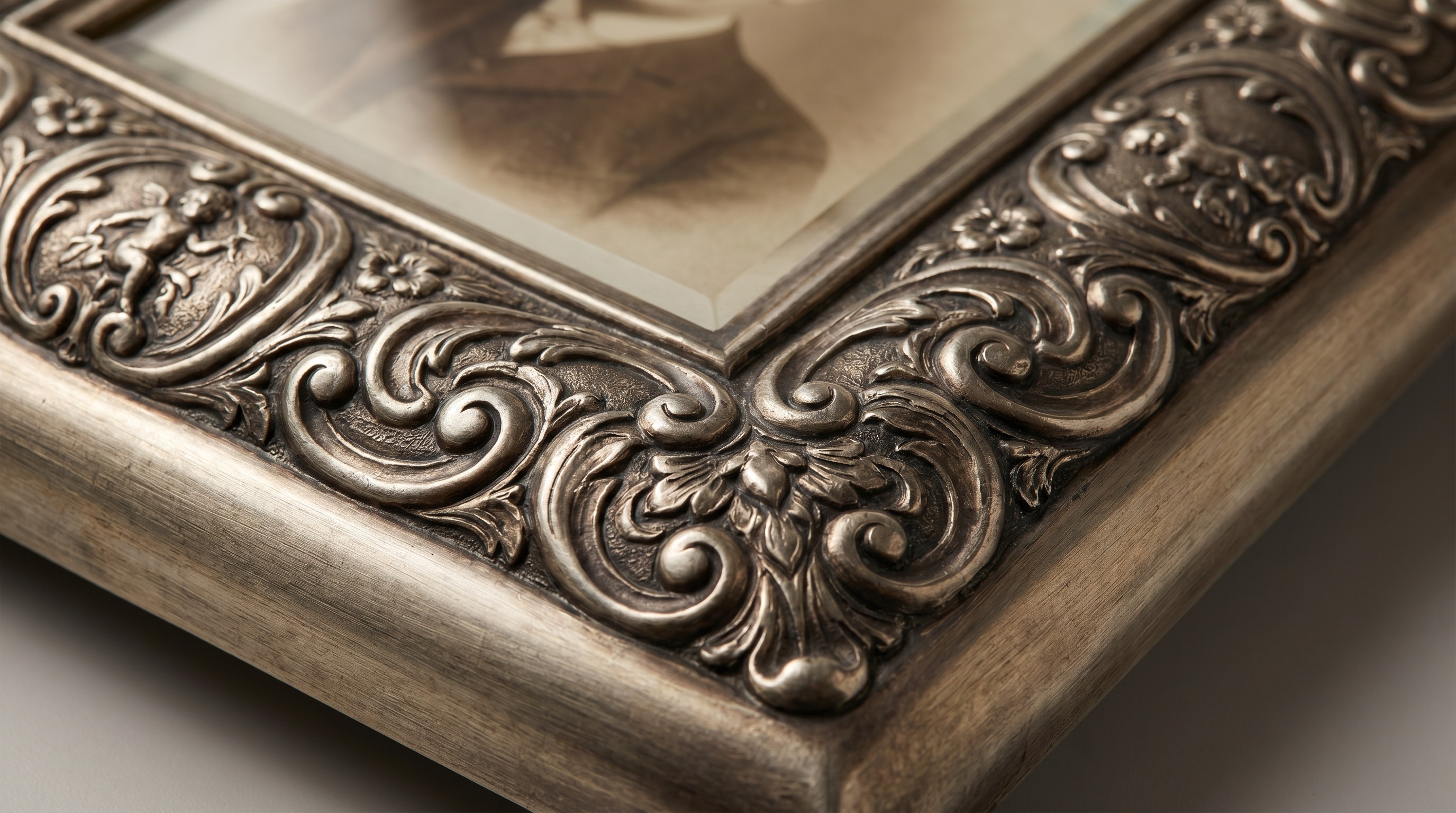 Ornate embossed corner of an antique silver photograph frame