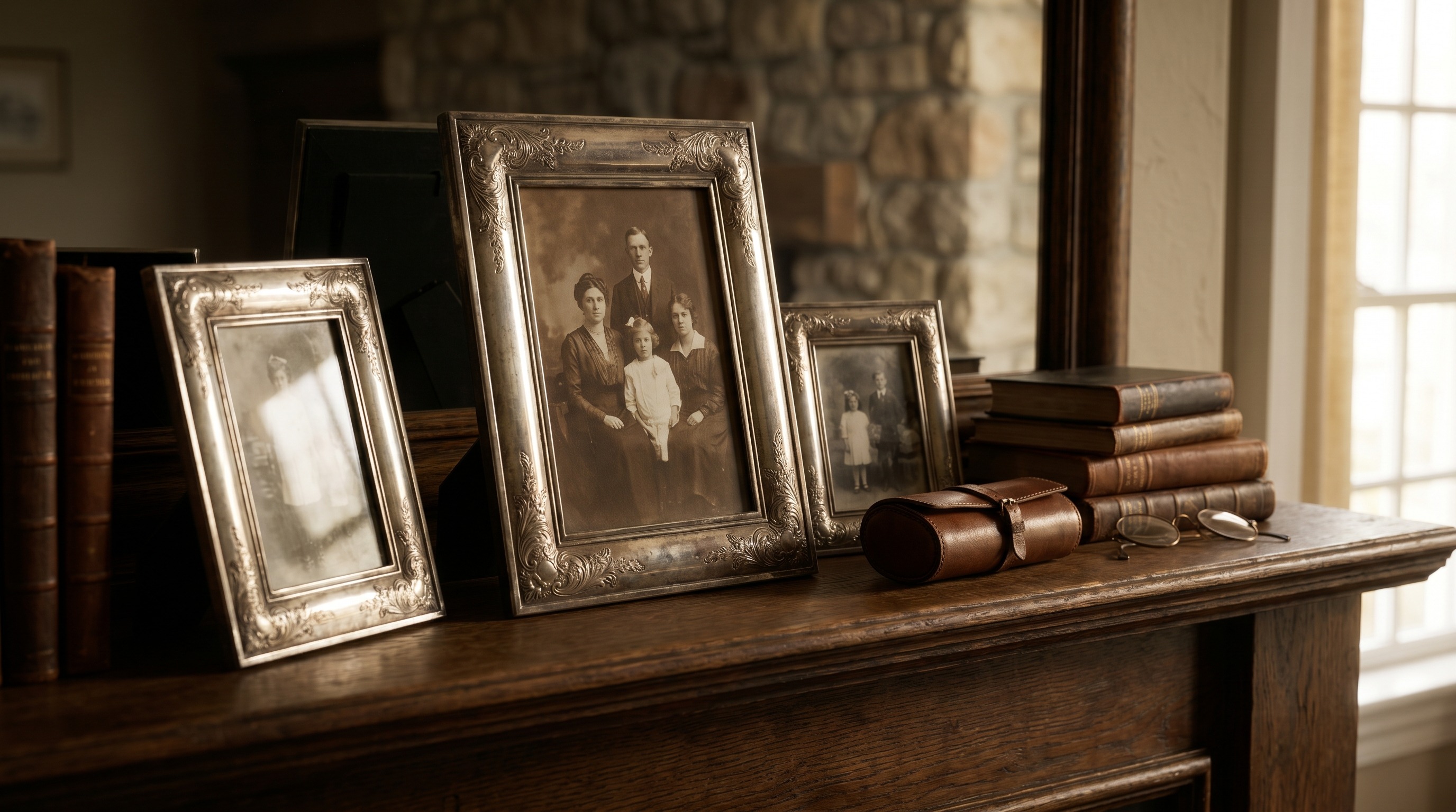 A group of antique silver photograph frames on a mantelpiece