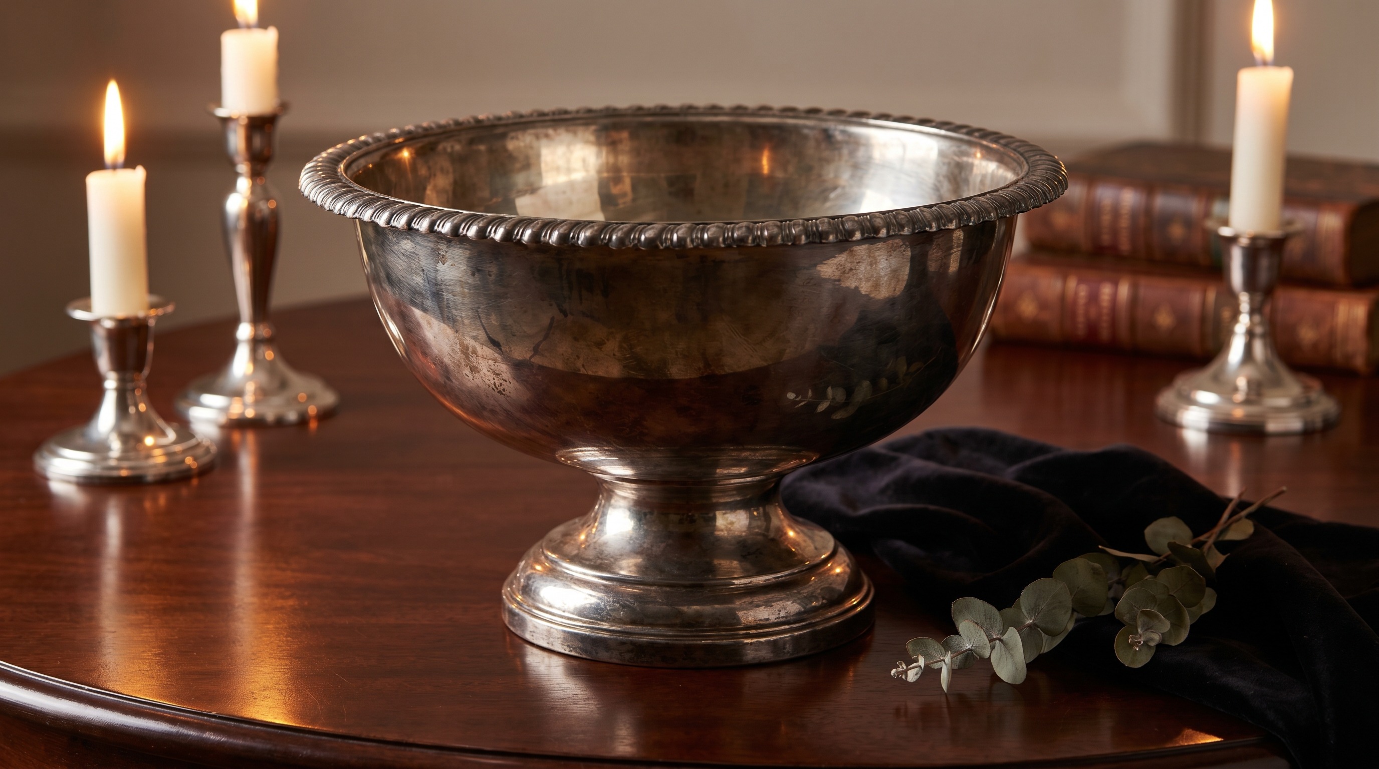 Large antique sterling silver punch bowl with gadrooned rim — Mozeris Fine Antiques