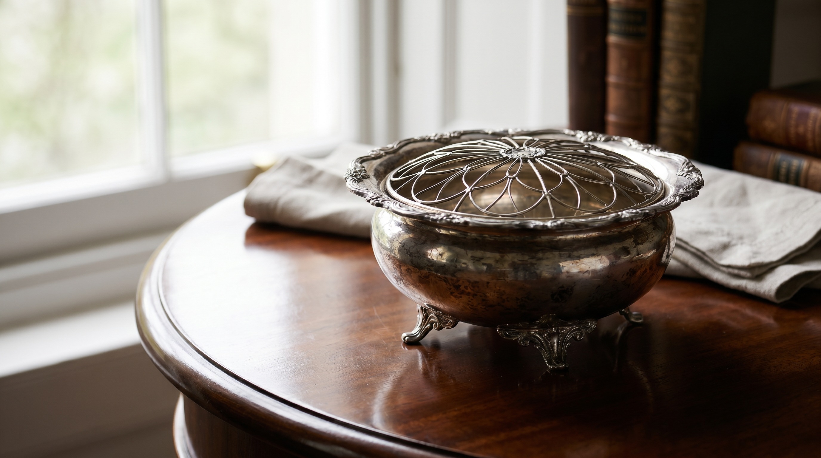 Antique silver rose bowl with wire flower grille