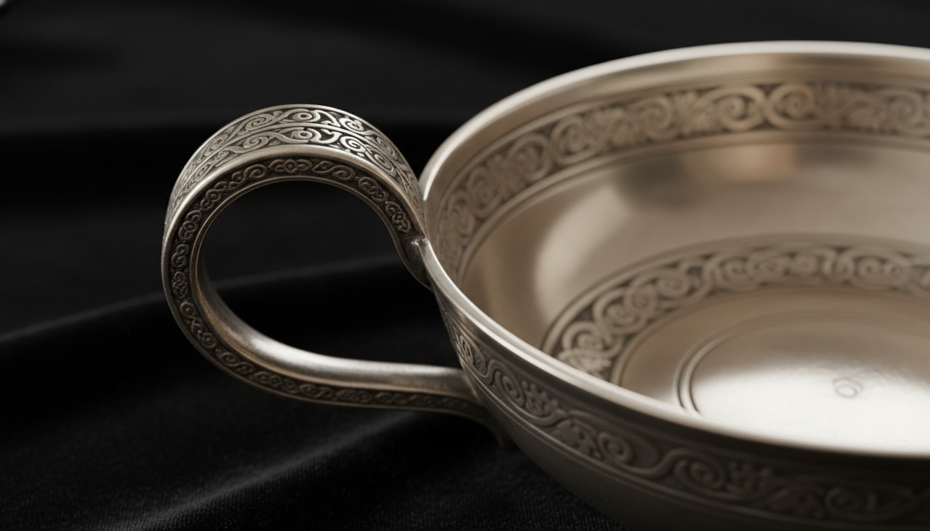Engraved lug handle and bowl of an antique Scottish silver quaich
